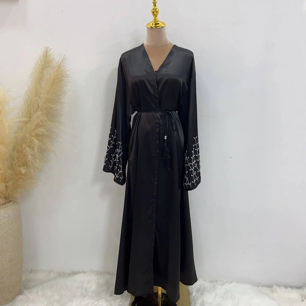 Elegant Hand-Beaded Muslim Women's Open Abaya Dress - Modest Islamic Prayer Dress for Eid, Ramadan & Special Occasions