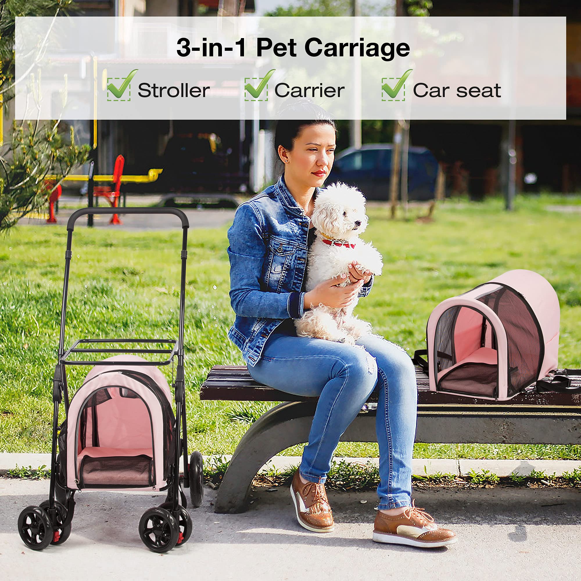 3-in-1 Double Pet Stroller - Foldable Dog & Cat Carrier for 2 Small Pets, Travel Cart for Puppies & Kittens (Pink) - Perfect for Park Walks, Vet Visits & Outdoor Adventures