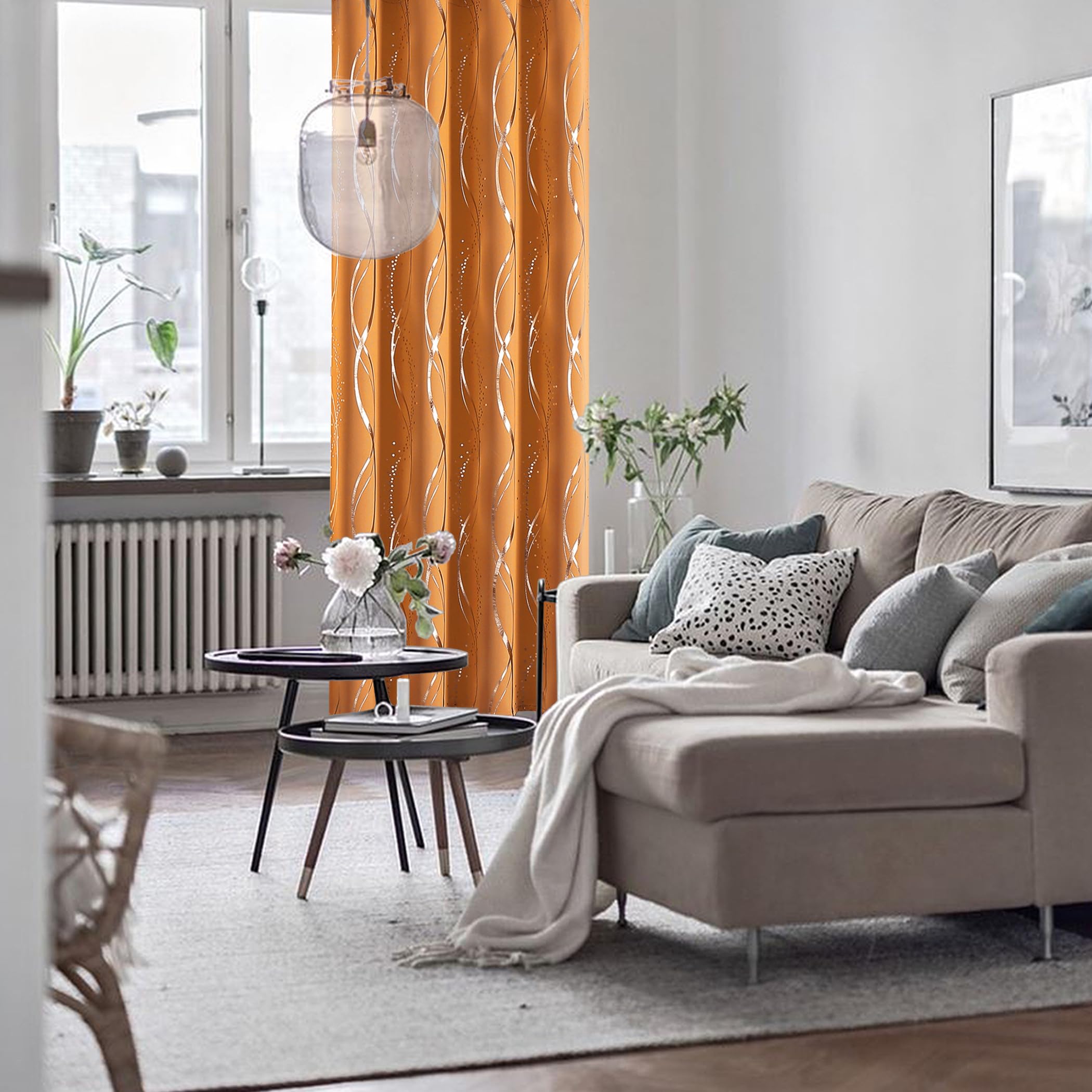 BUHUA Blackout Curtains 63 Inch Length 2 Panels Set - Thermal Insulated Noise Reducing Room Darkening Curtains for Bedroom Living Room with Wave Striped Foil Print (52 x 63 Inches, Orange) - Perfect for Home Theater, Nursery & Light Sleepers
