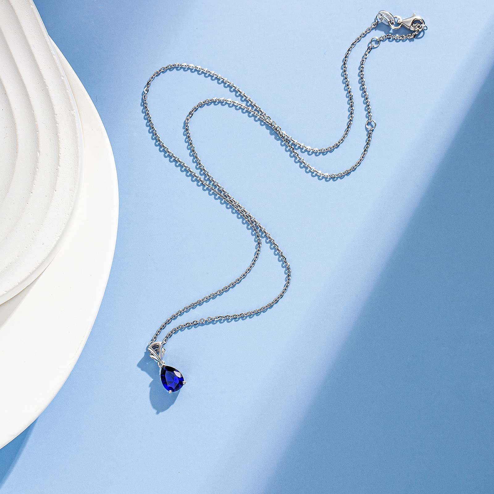 14K Solid White Gold Teardrop Birthstone Pendant Necklace for Women - Personalized Birthday Gift for Mom, Wife, Daughter - Sterling Silver Chain 16