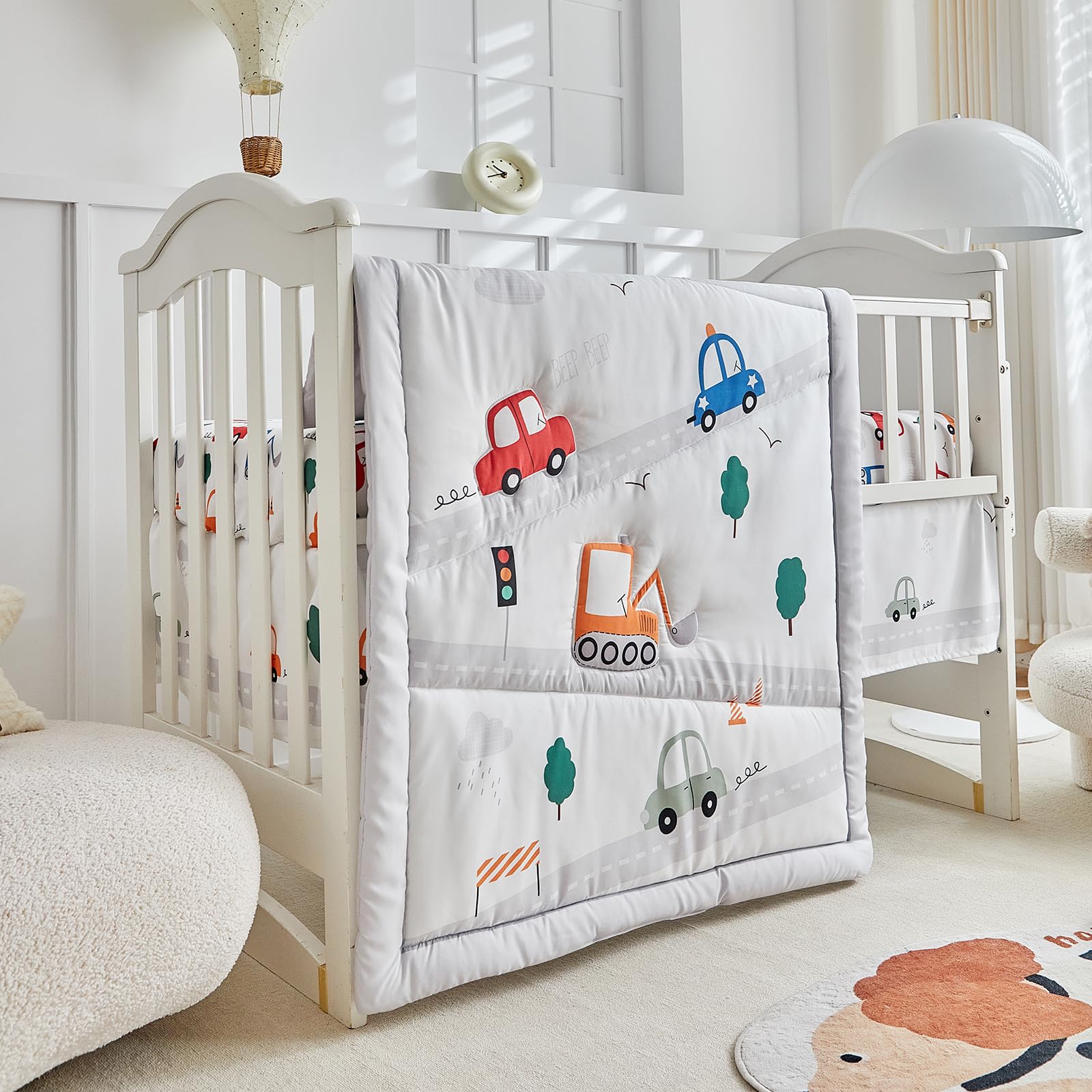 3-Piece Car Themed Crib Bedding Set for Boys - Soft Nursery Comforter Set with Quilted Blanket, Fitted Sheet & Bed Skirt | Perfect for Baby Shower Gifts & Nursery Decor
