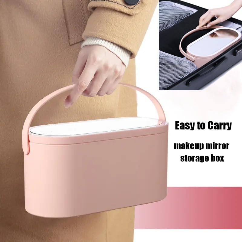 Portable LED Makeup Organizer with Mirror - Pink Travel Cosmetic Case for Home & On-the-Go