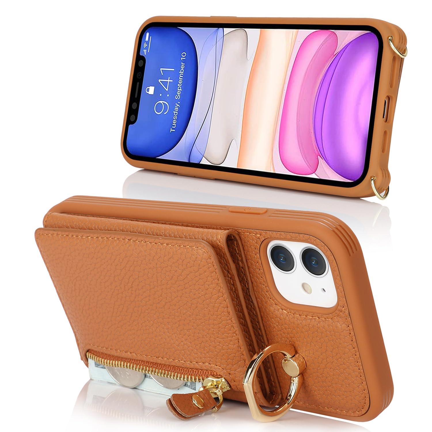 **Premium Leather iPhone 11 Wallet Case with Card Holder, Crossbody Strap & Stand Ring – Zipper Pocket Design for Women (Brown) – Perfect for Travel, Work & Everyday Use**