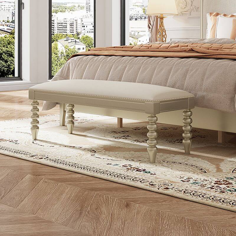 Victorian Style Beige Upholstered Bedroom Bench with Nailhead Trim - Elegant Seating for Bedroom, Dressing Area or Entryway
