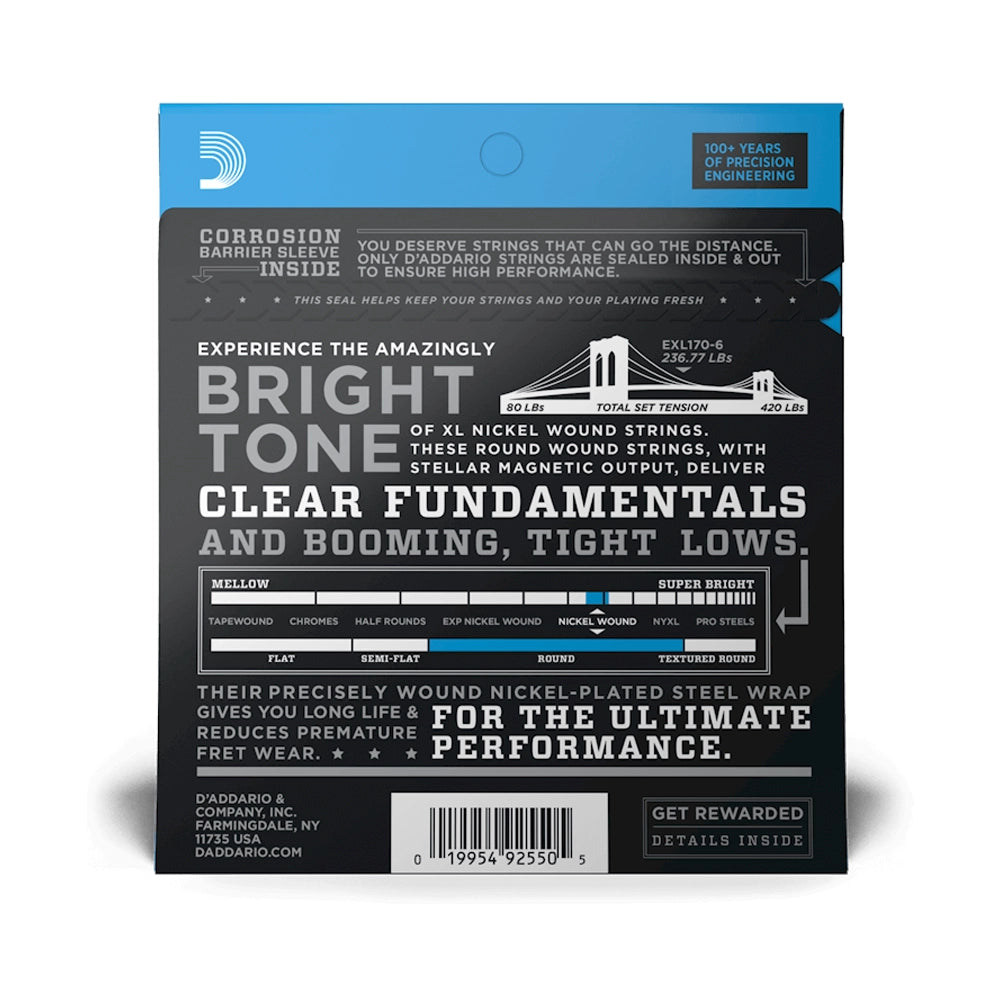 D'Addario EXL170 Nickel Round Wound 6-String Bass Guitar Strings - Long Scale for Rock, Jazz & Studio Recording