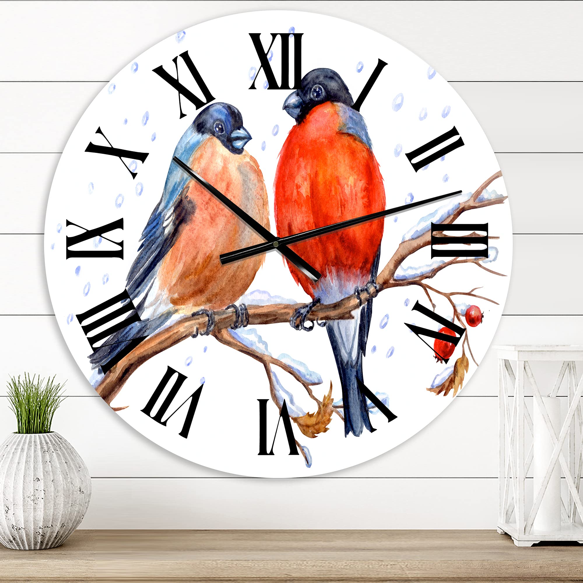 DesignQ Traditional Wall Clock - Two Bullfinches on Hawthorn Branch with Snowfall - Large Decorative Wall Clock for Bedroom, Living Room, Office | Perfect for Home Decor, Gift Giving & Farmhouse Style Interiors