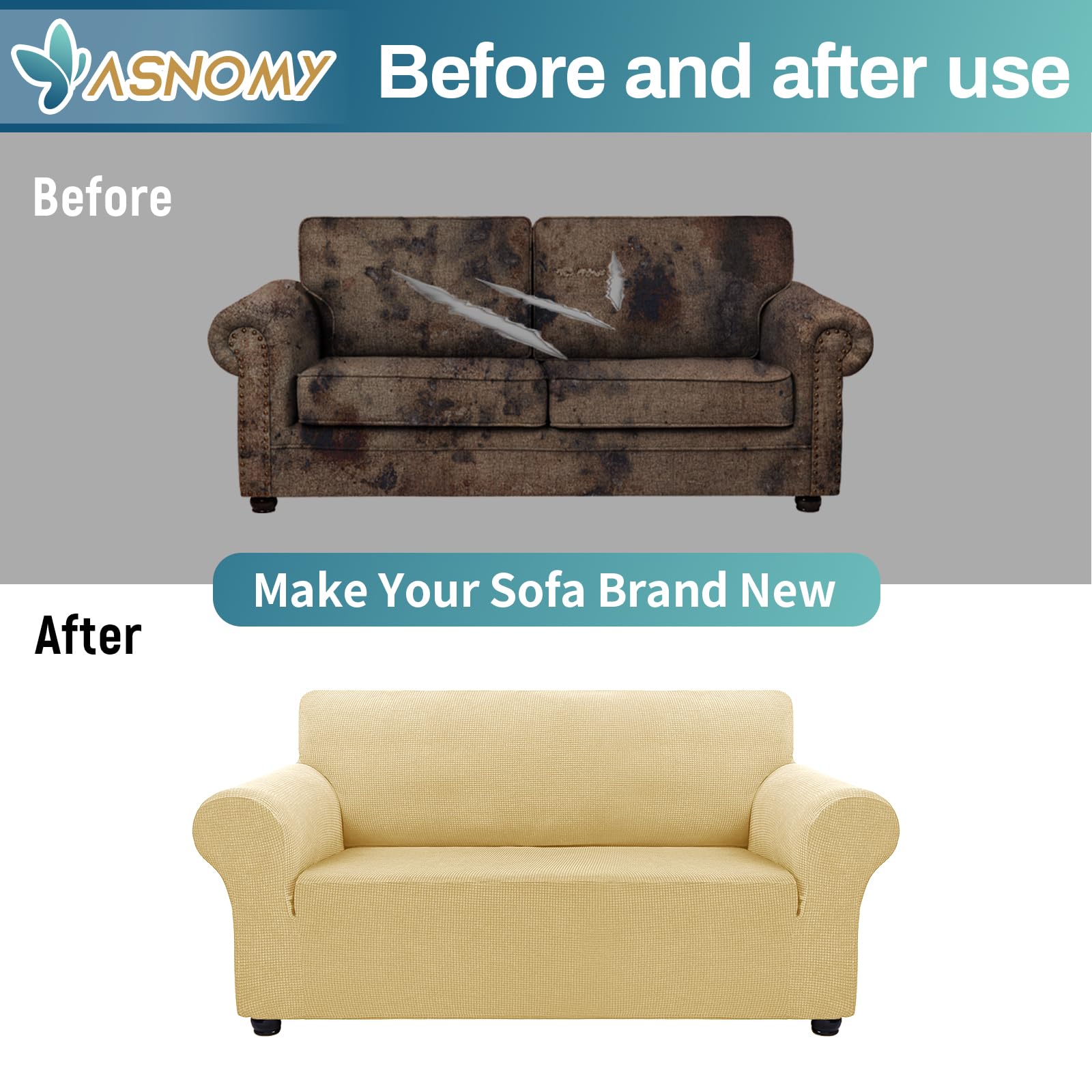 Stretch Sofa Slipcovers for 2-Cushion Loveseat - Pet Proof Jacquard Fabric Couch Covers with Small Checks - Medium Champagne (Home Decor, Living Room Furniture Protection)
