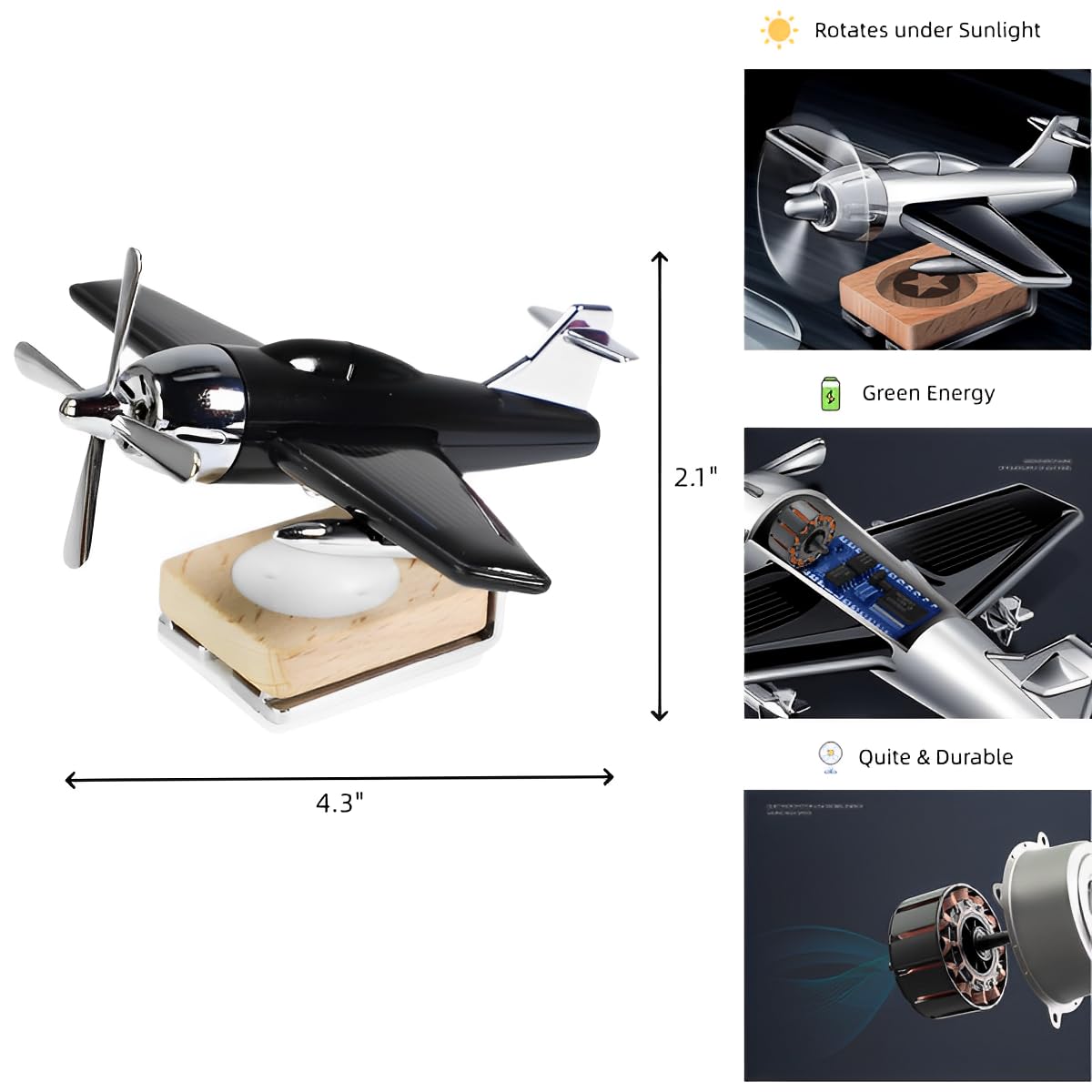 Solar Powered Spinning Airplane Car Dashboard Decor - Black Aroma Diffuser & Unique Automotive Interior Accessory Gift for Men | Perfect for Road Trips, Commuting & Car Enthusiasts
