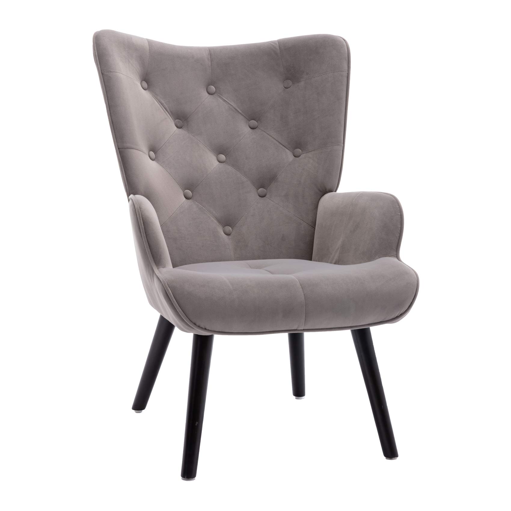 Velvet Accent Chair - Modern Tufted Button Wingback Vanity Chair with Arms, Upholstered Tall Back Desk Chair with Solid Wood Legs for Living Room, Bedroom, Office, Waiting Room (Silver Grey) - Perfect for Home Decor, Reading Nook & Guest Seating
