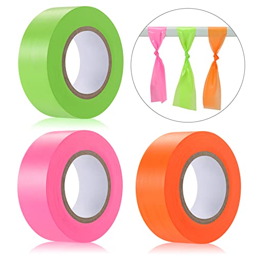 3 Pack Non-Adhesive Surveyor Flagging Tape - Fluorescent Orange Neon Marking Tape for Boundaries, Hazardous Areas & Trail Marking (35mm Width, 3 Colors) - Ideal for Construction, Hiking & Safety Identification