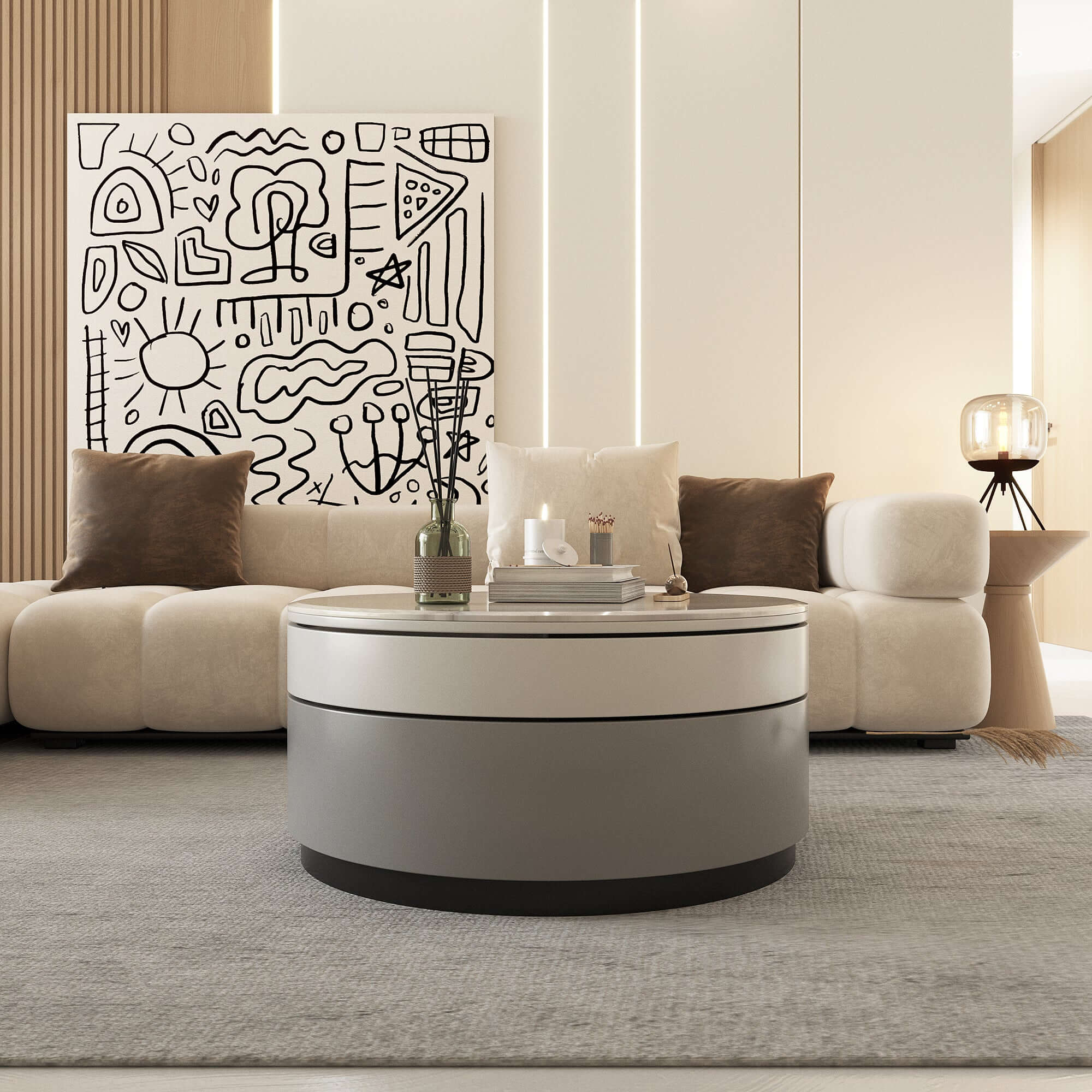 Rotating Round Coffee Table with Microcrystalline Stone Top - Modern Living Room Furniture for Home Decor & Entertainment