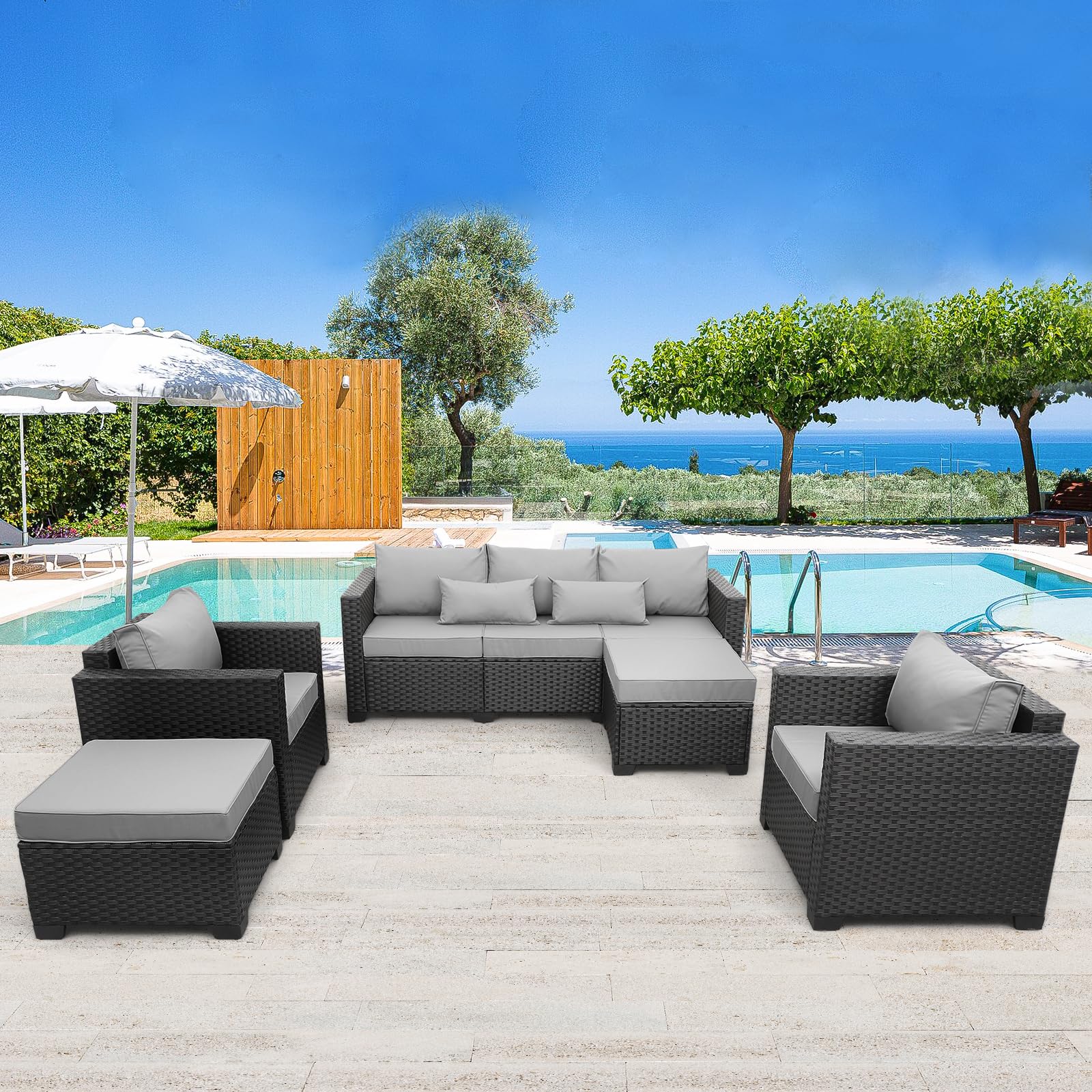 Rattaner 5-Piece Outdoor Wicker Patio Furniture Set - Grey Sectional Sofa with No-Slip Cushions & Waterproof Covers | Perfect for Backyard, Poolside & Garden Relaxation