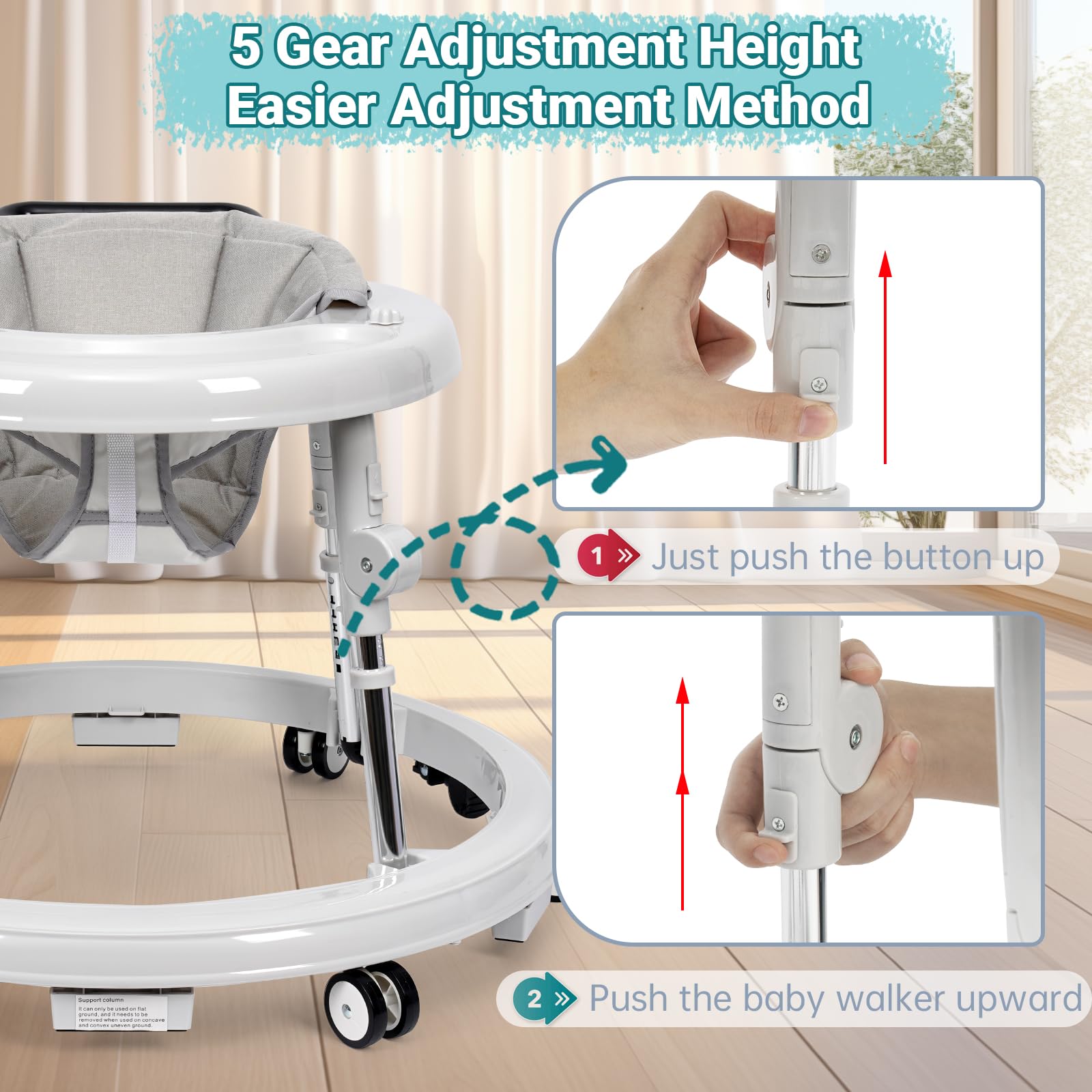 Foldable Baby Walker with Music & Lights - 9 Adjustable Heights, Wheels & Activity Center for Boys & Girls 7-18 Months (White) | Portable Learning Walker for First Steps & Indoor Play