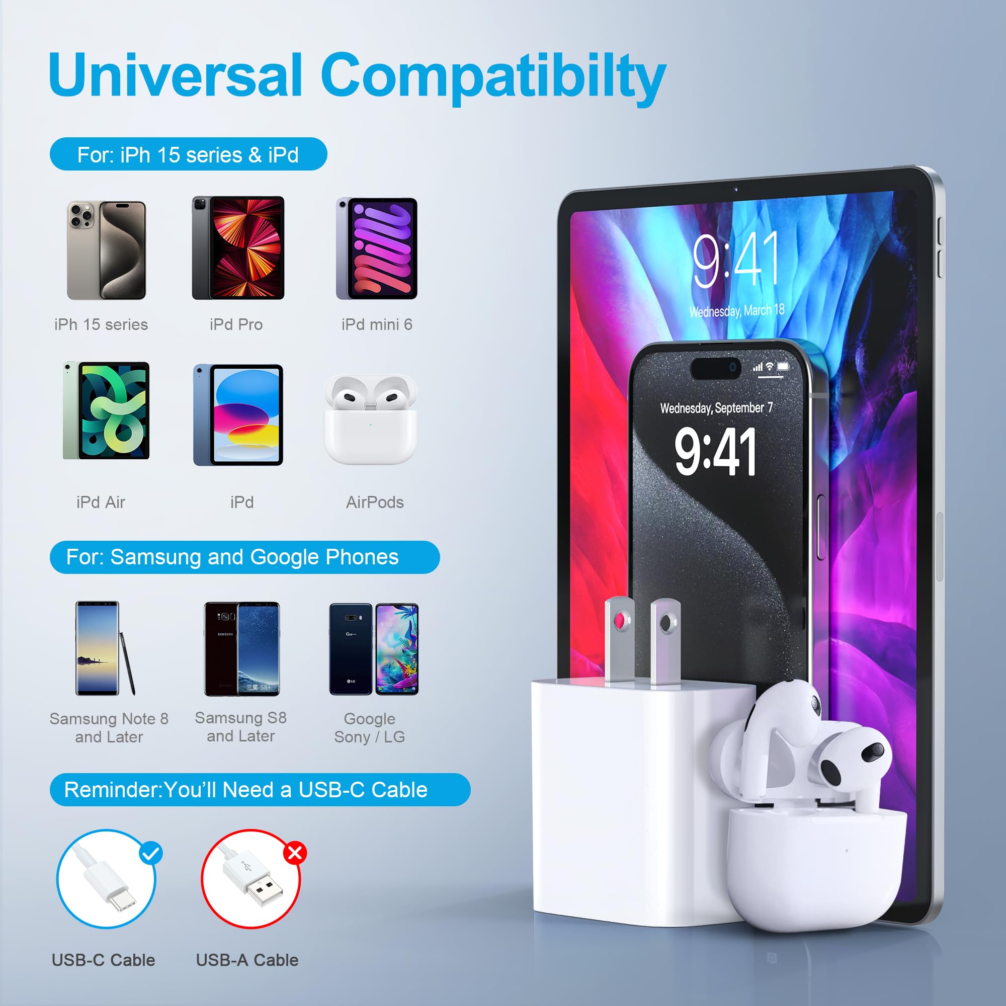 20W USB C Fast Charger Block for iPhone 16/16 Pro/16 Pro Max/15/15 Plus/15 Pro/15 Pro Max & iPad - 2 Pack with 6ft Cables - Quick Charging for Home, Office & Travel