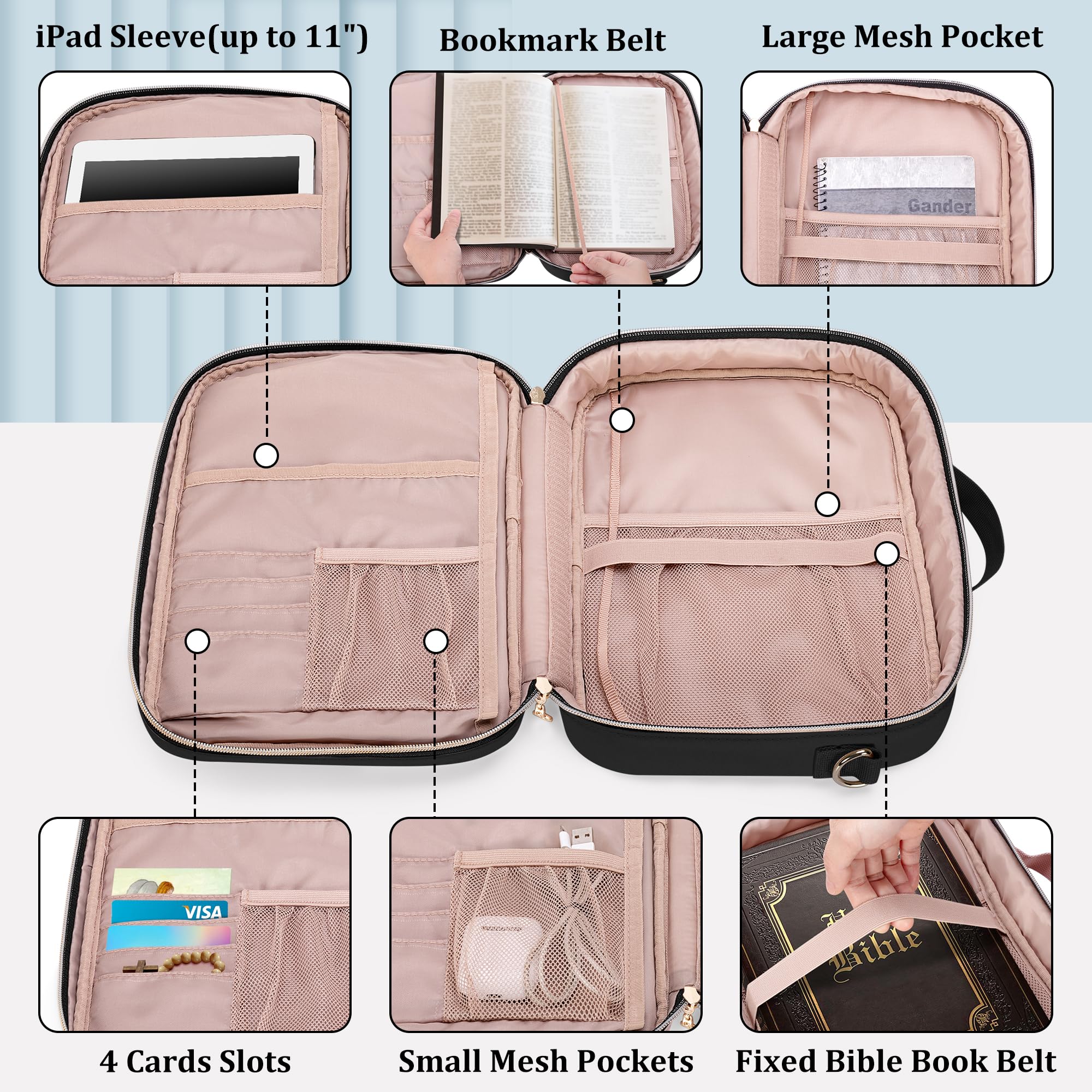 Teamoy Large Bible Cover for Men & Women - Quilted Church Bag with Shoulder Strap & Detachable Pen Slots - Perfect for Church, Bible Study & Travel - Black