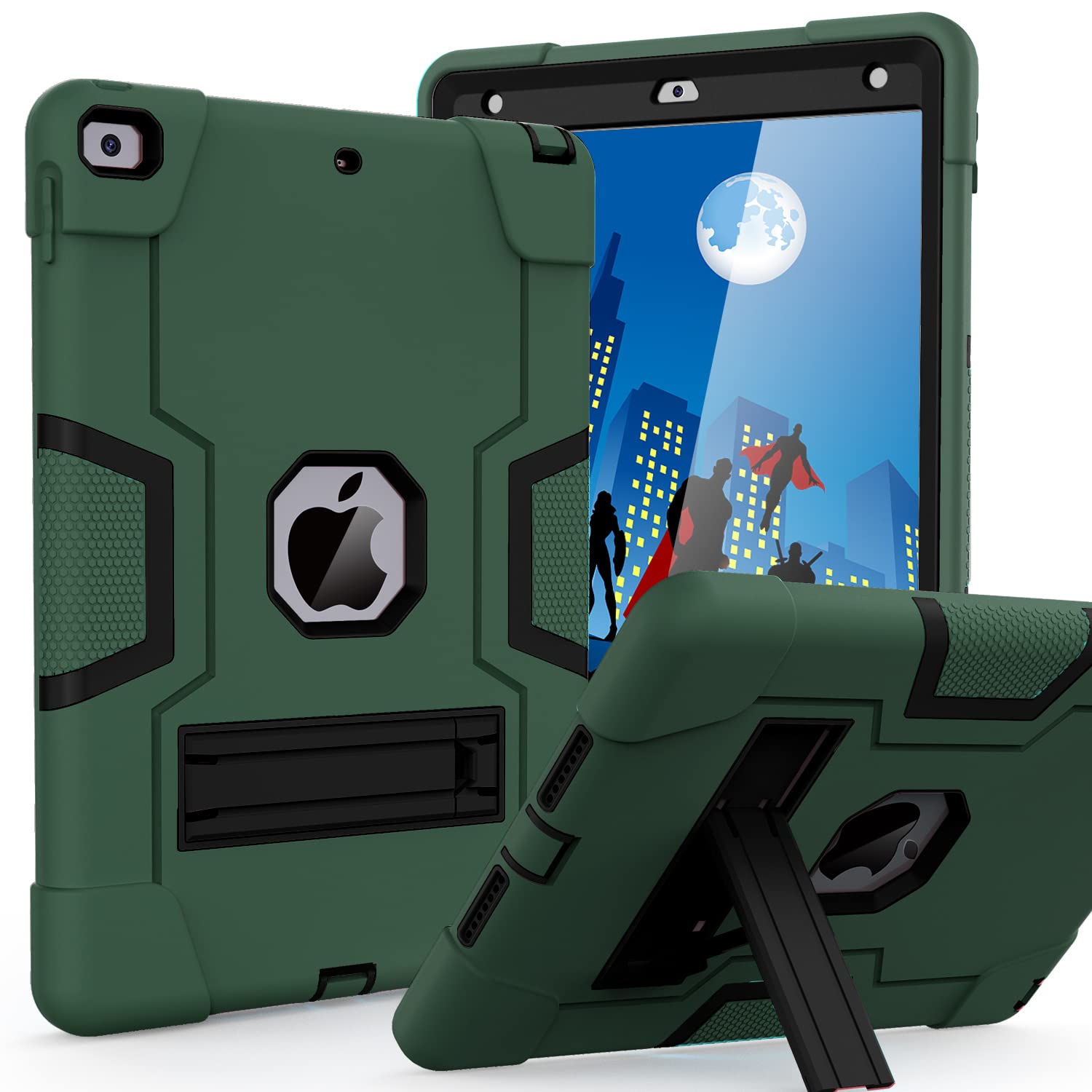 Shockproof Rugged Protective Case for iPad 9th/8th/7th Generation 10.2 inch (2021/2020/2019) - Slim Heavy Duty Cover with Built-in Stand | Alpine Green & Black | Perfect for Work, Travel & Outdoor Use