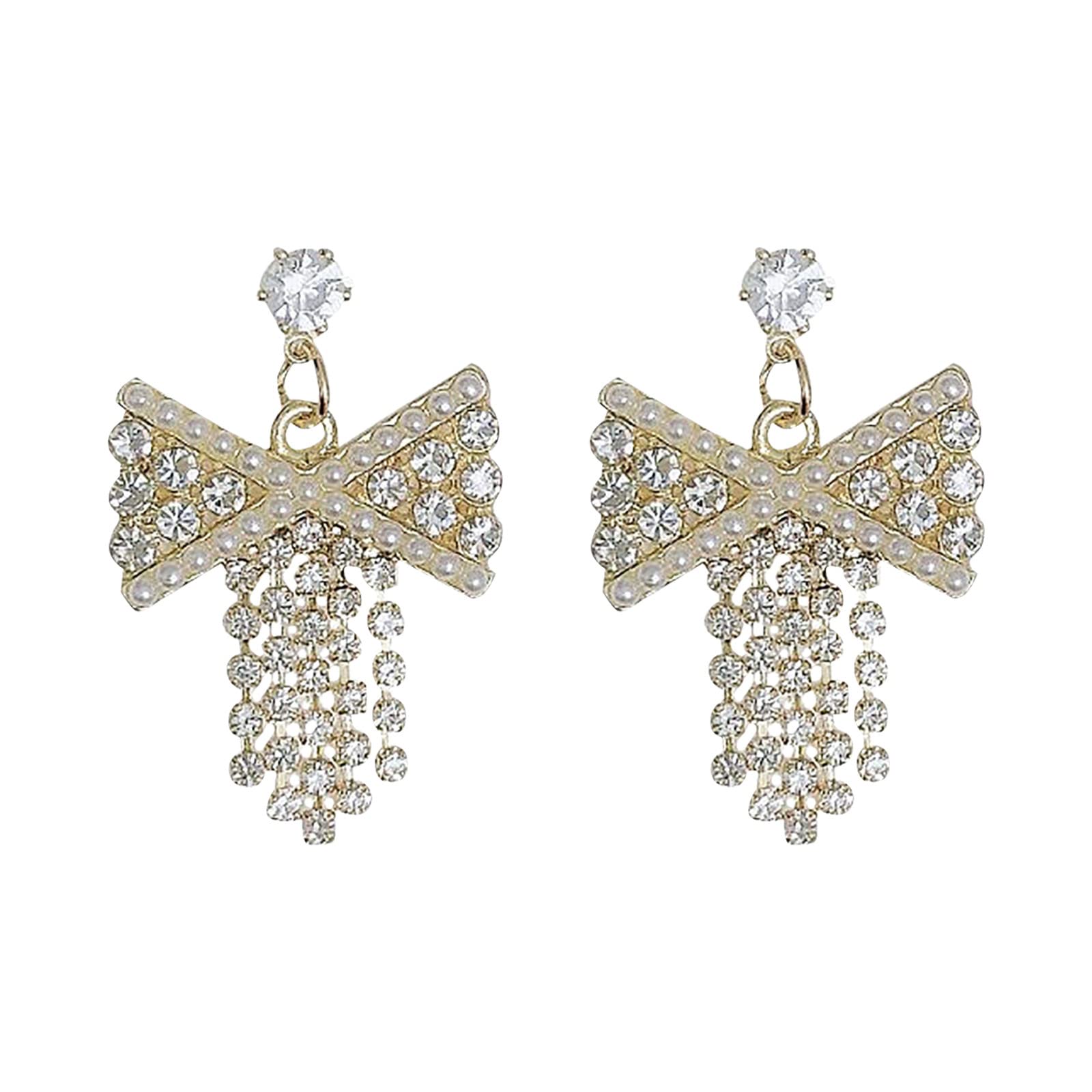 Rhinestone Bow Fringe Crystal Earrings for Women & Teen Girls - Minimalist Cuff Piercing Studs, Trendy Dangle Earrings in Silver - Perfect for Parties, Weddings & Everyday Wear