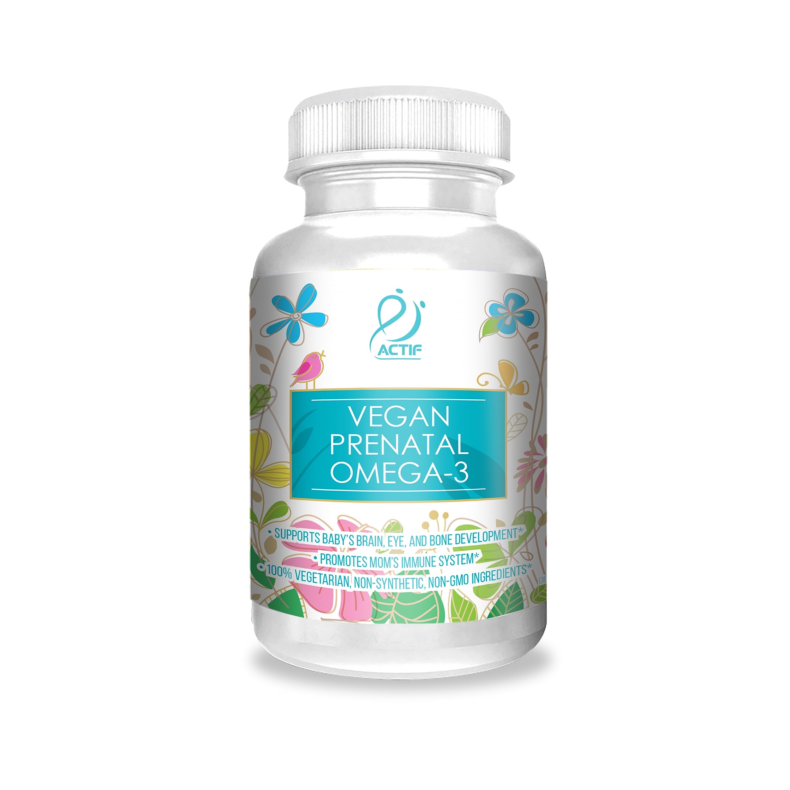 Actif Organic Vegan Prenatal Omega-3 Supplement with High Strength Algae Oil - 100% Natural, Gluten-Free, Non-GMO - 90 Softgels for Pregnancy Nutrition & Brain Development