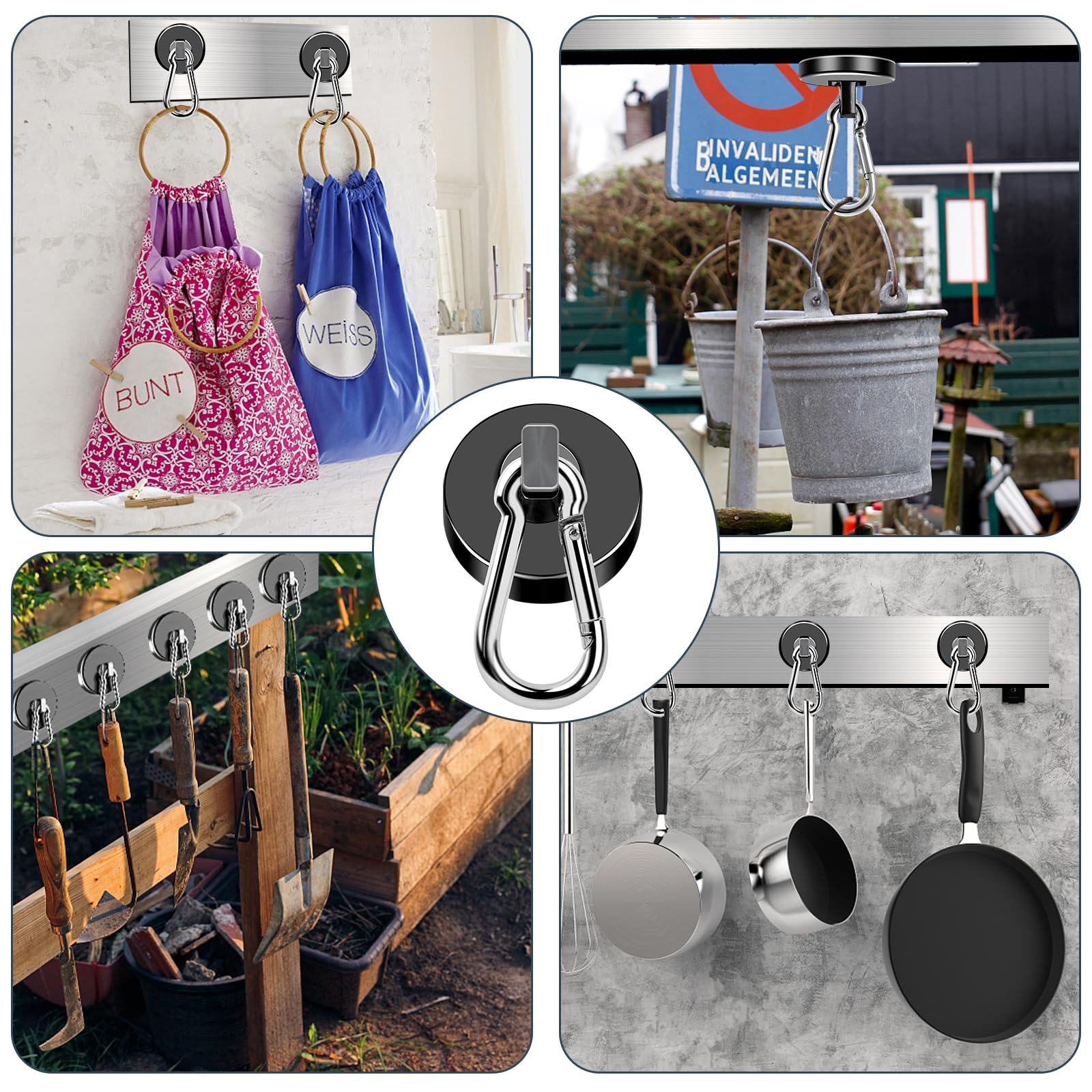 MIKEDE Heavy Duty Magnetic Hooks - 150LB Strong Neodymium Swivel Magnets with Carabiner Hooks (6 Pack) | Powerful Black Magnet Hooks for Hanging Curtains, Organizing Home & Workplace, Cruise Ship Use | Ideal for Storage, Decor & Industrial Applications
