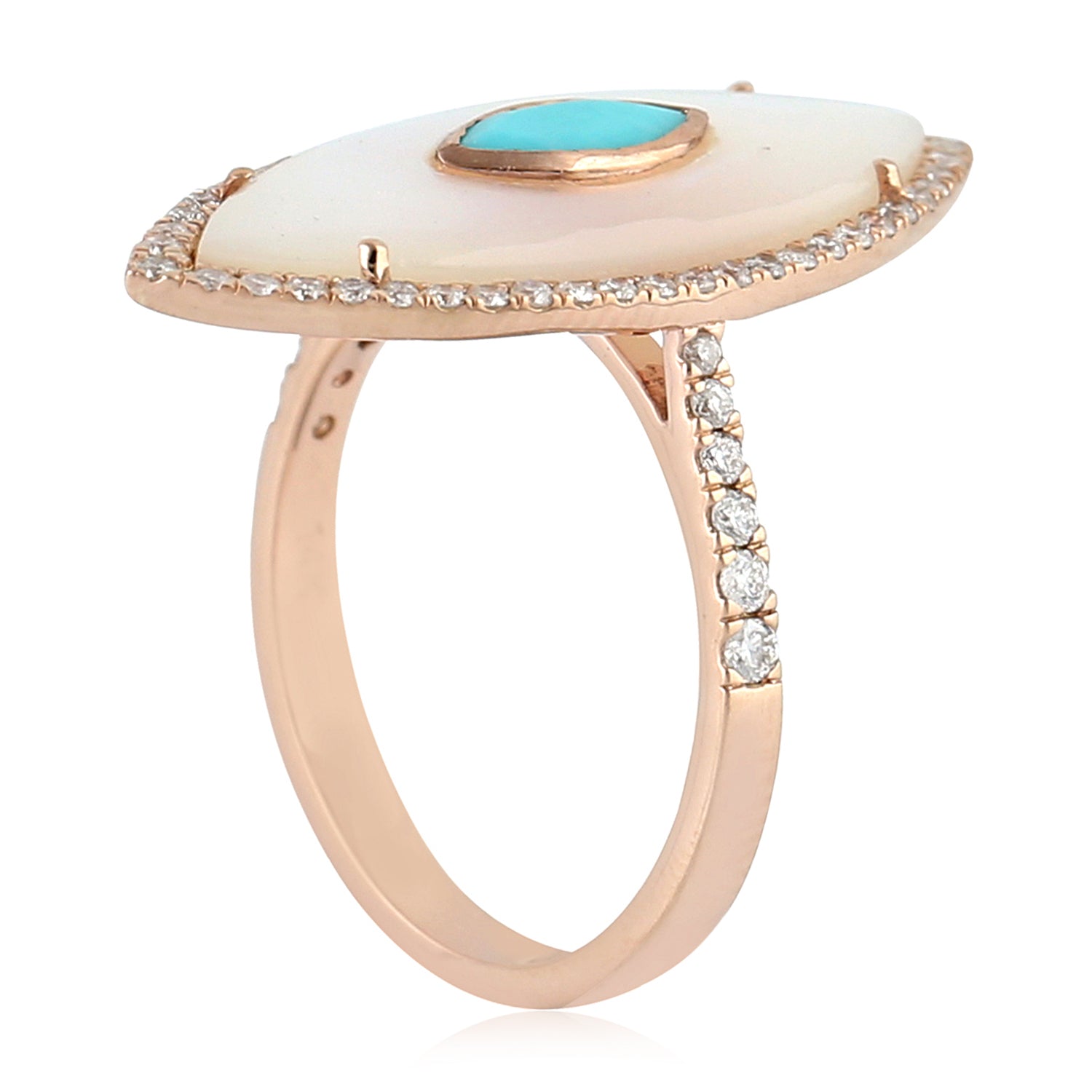 14K Rose Gold Marquise Cut Turquoise Fancy Cut MOP Pave Diamond Long Ring for Women - Elegant Statement Jewelry for Weddings, Parties & Special Occasions