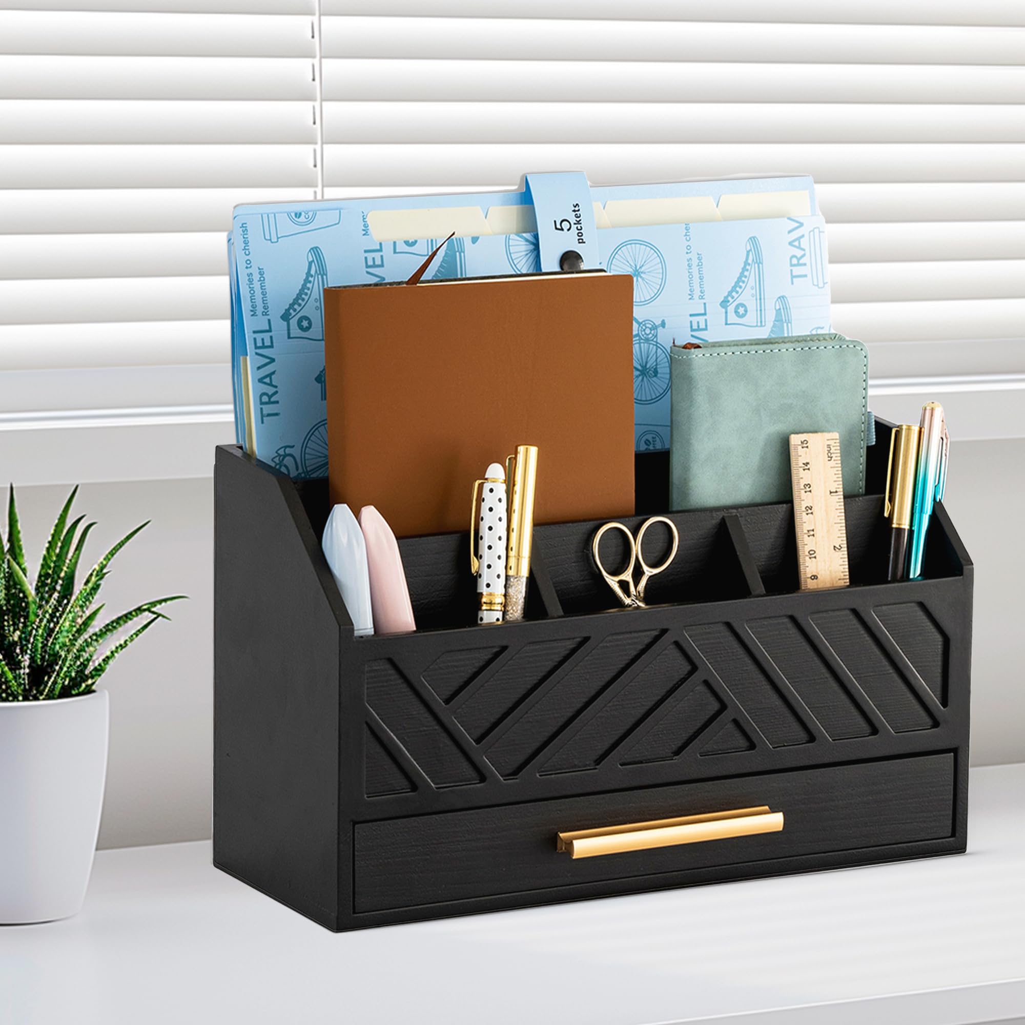 Modern Black Wood Desk Organizer with Drawer - Office Supplies Mail & Bill Organizer, File Holder - Stylish Workspace Accessories for Home Office, Study Desk & Professional Workspaces