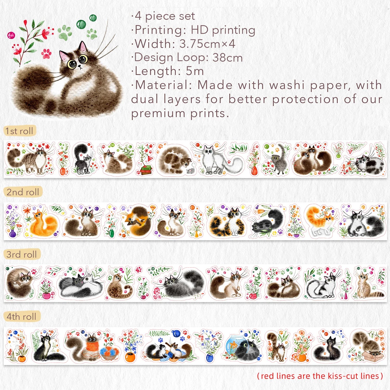 Cat Mood Washi Tape Sticker Set - 50pcs Cute Cat Pattern Decorative Tape for Scrapbooking, Journaling, DIY Crafts - Perfect for Bullet Journals, Gift Wrapping & Home Decor