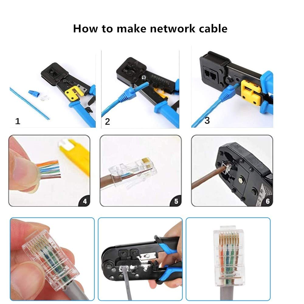 Professional RJ45 Crimp Tool Kit for Cat5/Cat5e Ethernet Cables - Includes RJ-11 & 8P/RJ-45 Crimper, Cutter, Stripper with 20PCS Connectors & 20PCS Covers - Perfect for Network Installation, Cable Repair & DIY Home/Office Wiring Projects