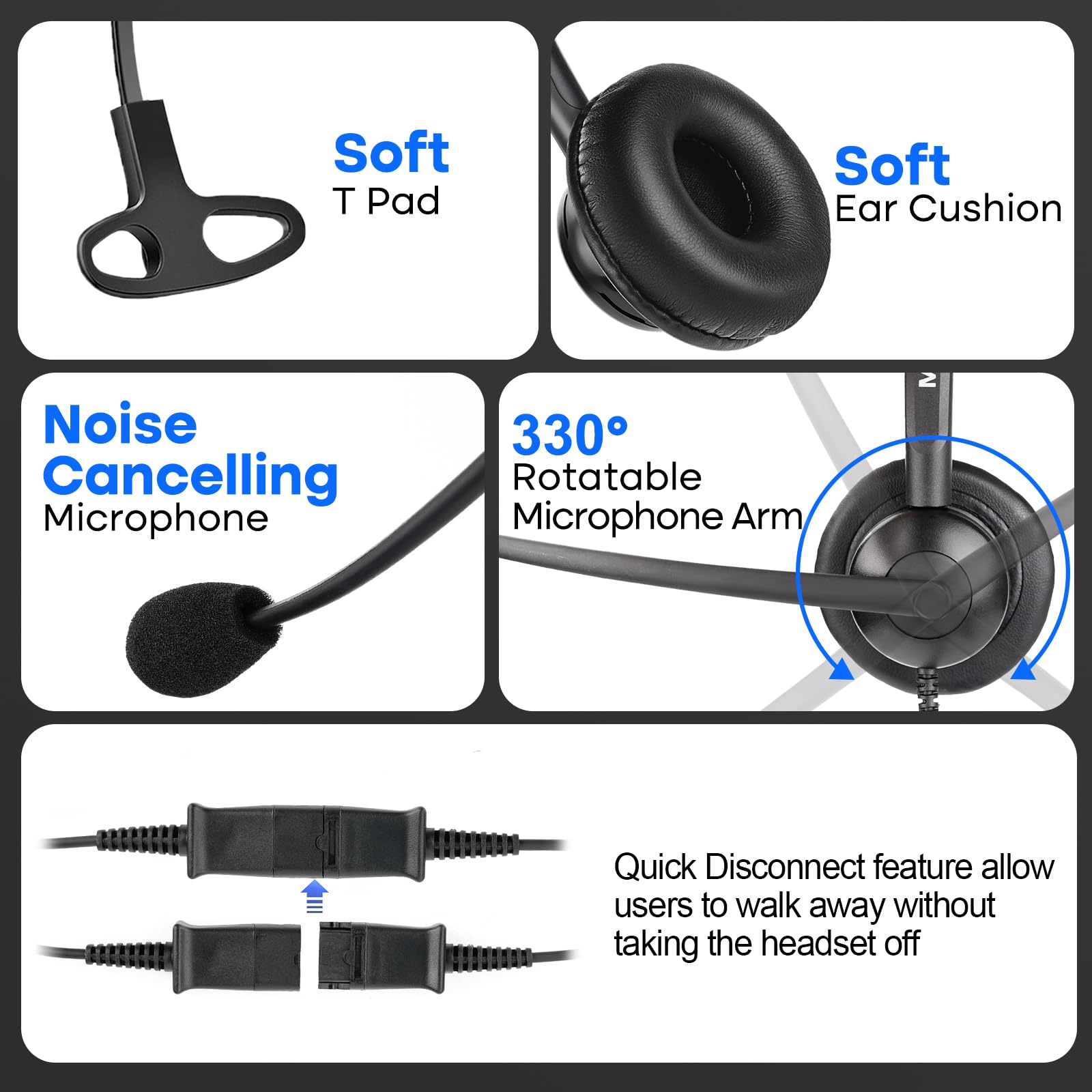MKJ 2.5mm Wired Headset with Noise Cancelling Microphone - Office & Call Center Headphones Compatible with Panasonic KX-TPA60, KX-TGA470, Cisco SPA 303G/525G, Vtech, Uniden Phones - Perfect for Remote Work & Customer Service Calls