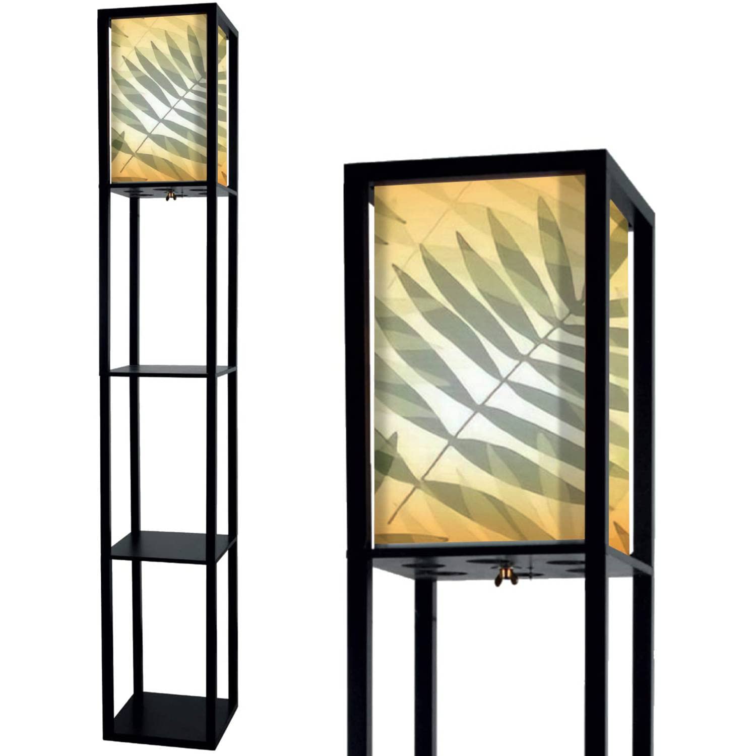 Stylish Tropical Palm Leaf Floor Lamp with Shelves & Flaxen Fabric Shade - Modern Seamless Texture Tall Standing Lamp for Living Room, Bedroom, Office - Perfect Corner & Bedside Lighting for Home Decor, Reading Nook & Cozy Ambience