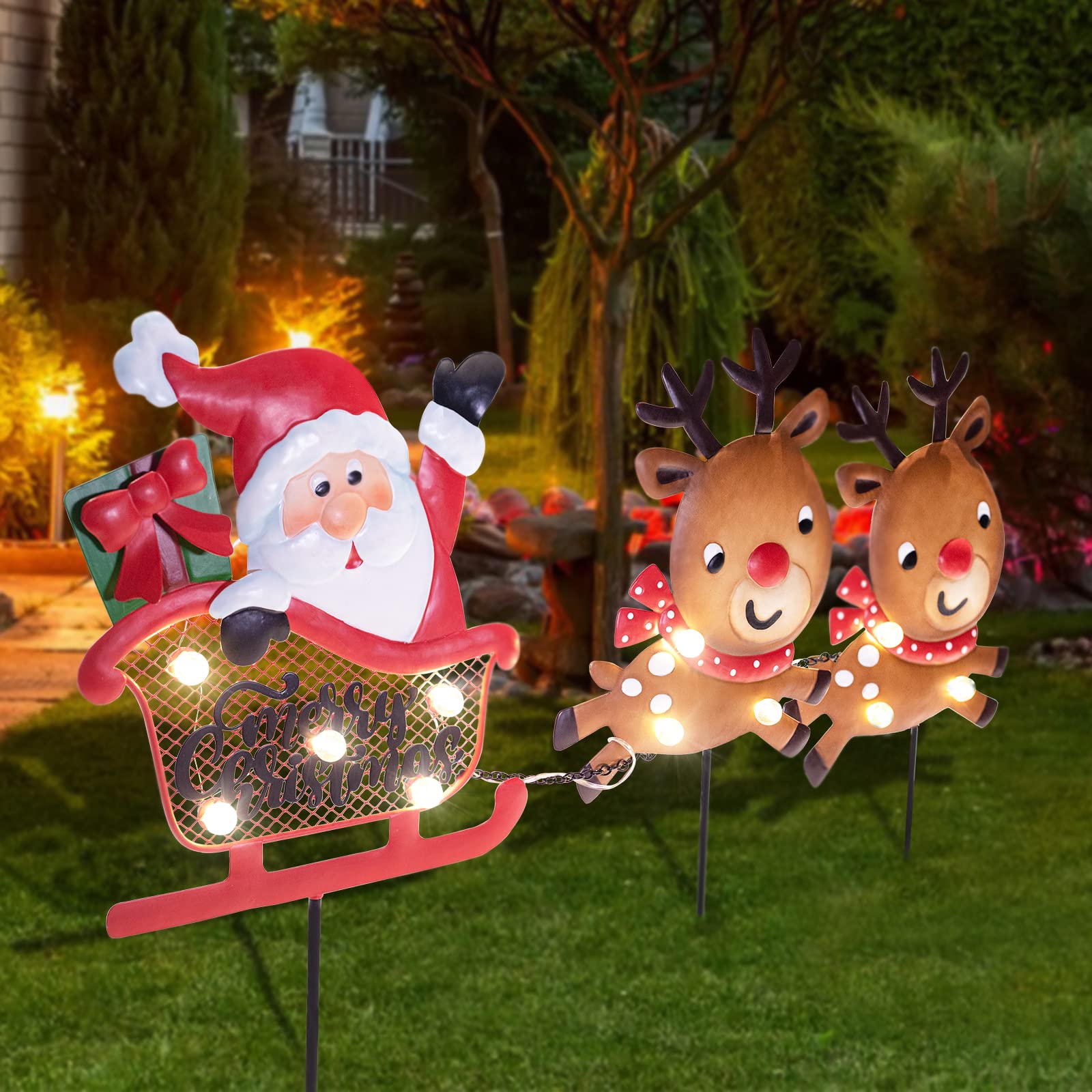 Wonder Solar Christmas Yard Signs Stakes - Santa's Reindeer LED Lighted Outdoor Decor for Garden, Patio, Lawn | Weatherproof Holiday Decoration for Christmas, Xmas Party & Winter Festivities