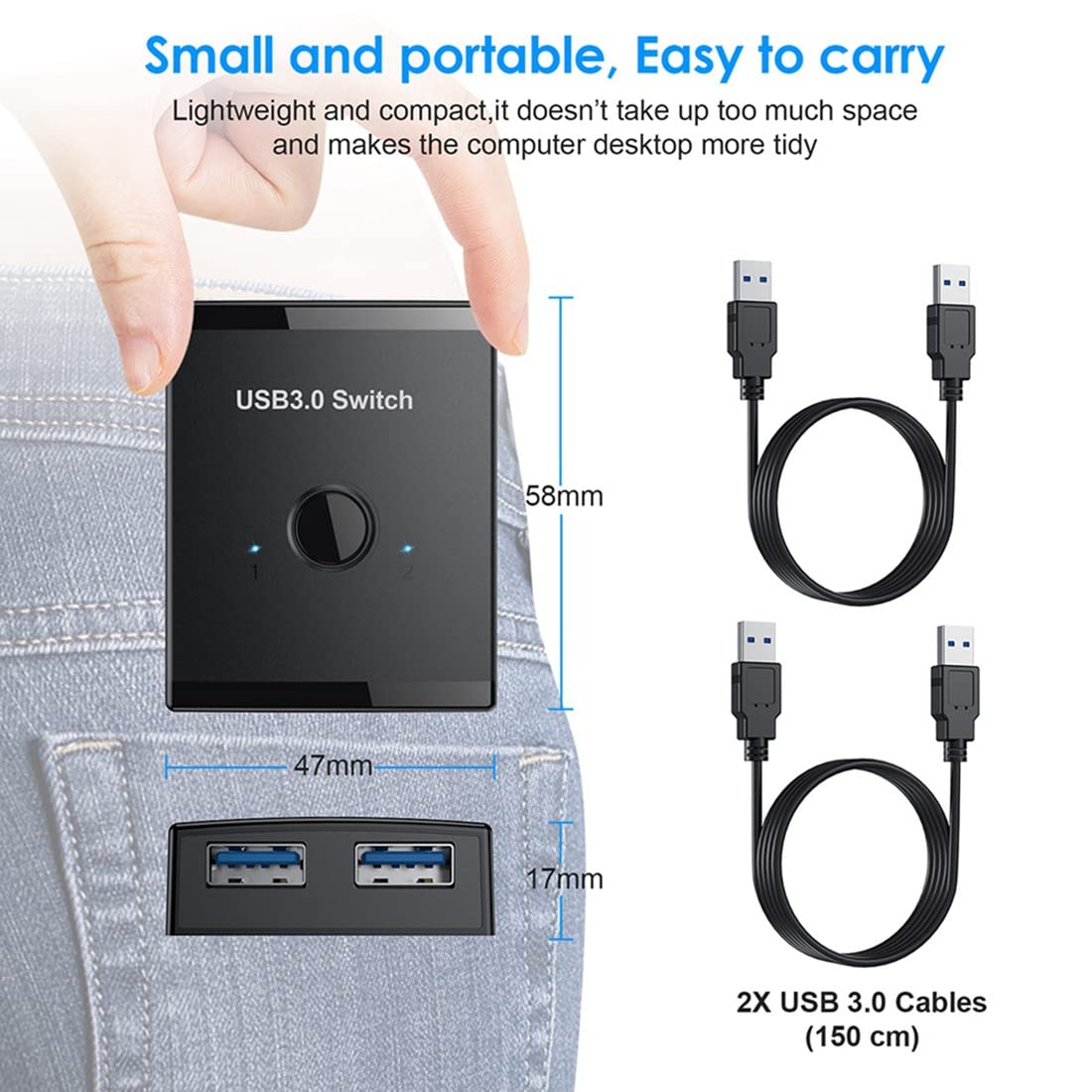 Jufjsfy USB 3.0 KVM Switch with USB Hub - 2-Port PC Sharing Device for Keyboard, Mouse & Printer | Perfect for Home Office & Multi-Computer Workstations