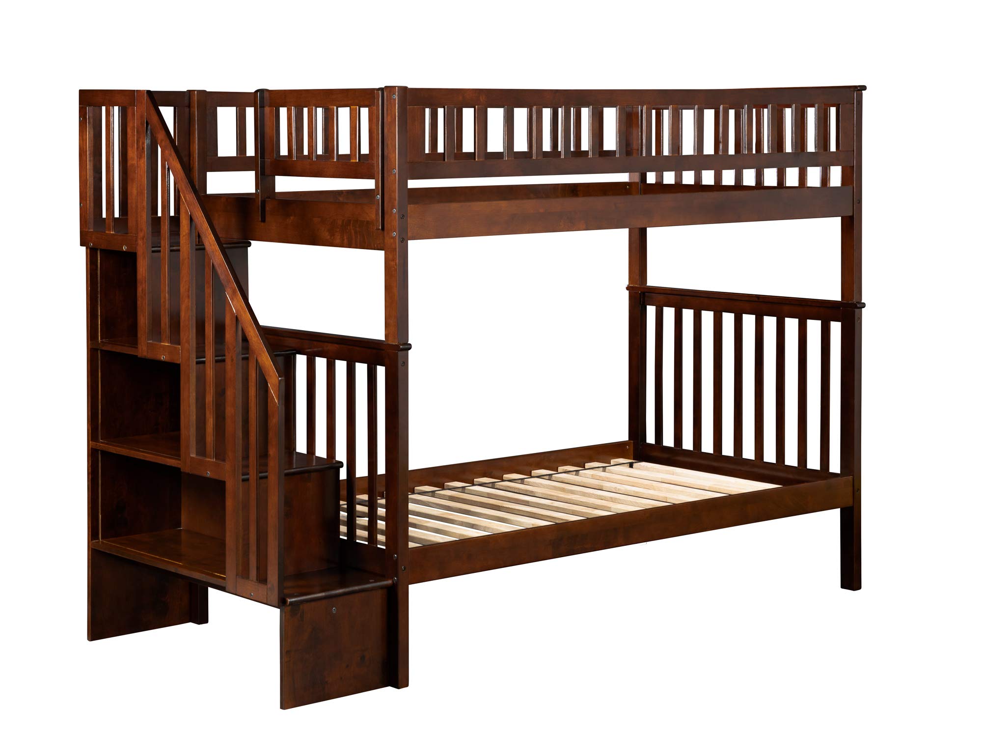 AFI Woodland Staircase Bunk Bed with Turbo Charger - Twin/Twin Size, Walnut Finish - Perfect for Kids' Bedrooms, Guest Rooms & Small Spaces