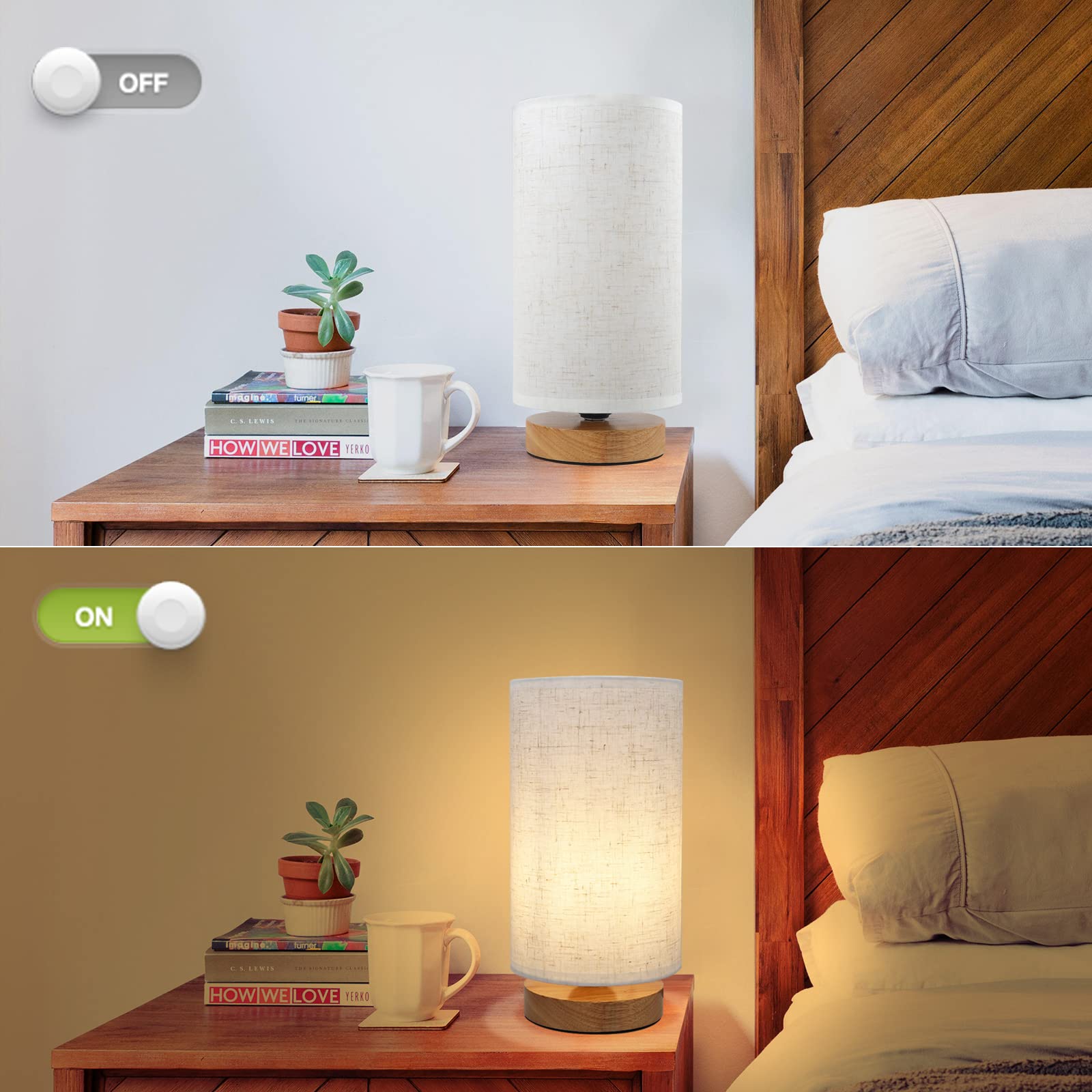 Minimalist Bedside Table Lamps Set of 2 - 3-Way Dimmable Nightstand Lamps with Round Fabric Linen Shade, Small Desk Lamp for Bedroom, Living Room, Office & Reading Nook - Warm White, Cool White & Daylight Options
