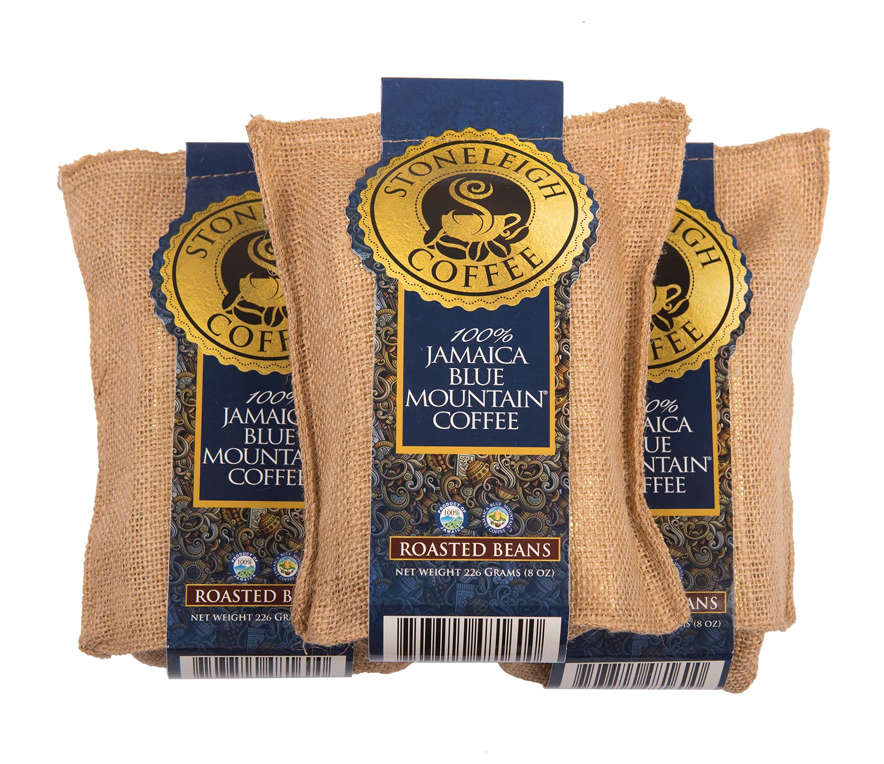 Premium Jamaica Blue Mountain Coffee Beans - 100% Authentic Grade A Roasted - 3 Pack (8oz Each) in Traditional Jamaican Crocus Burlap Bags - Perfect for Home Brewing, Gifts & Coffee Enthusiasts