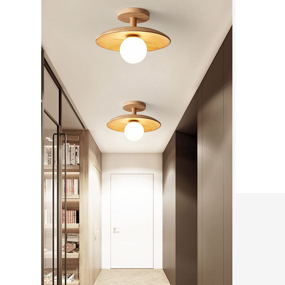 Japanese Style Wooden Flush Mount LED Ceiling Light - White Light Modern Minimalist Fixture for Bedroom, Living Room, Corridor & Entryway