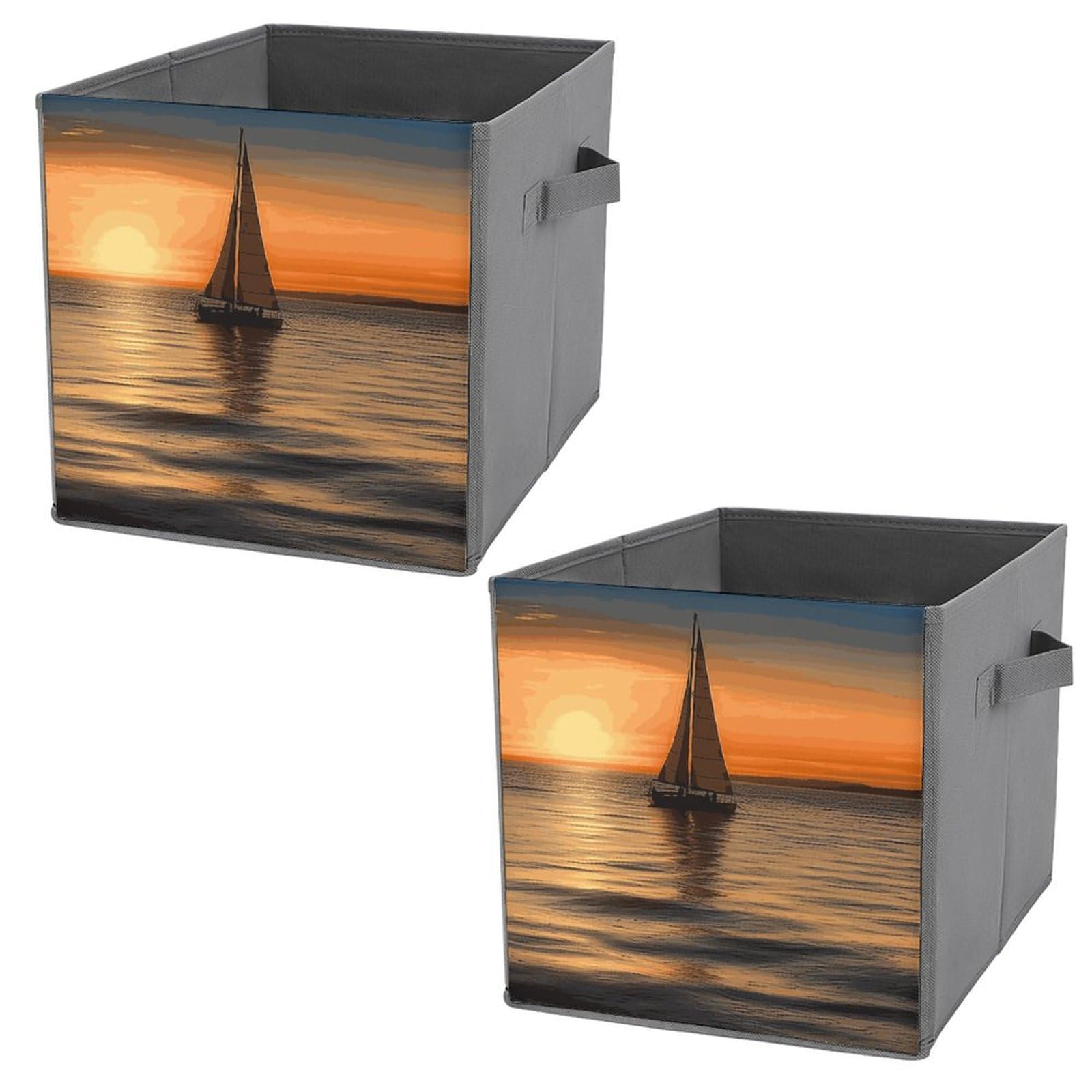 Sunset Beach Sailboat Printed Storage Baskets - 2 Pack Fabric Storage Bins & Containers for Home Organization | Perfect for Closet, Nursery, Laundry & Toy Storage