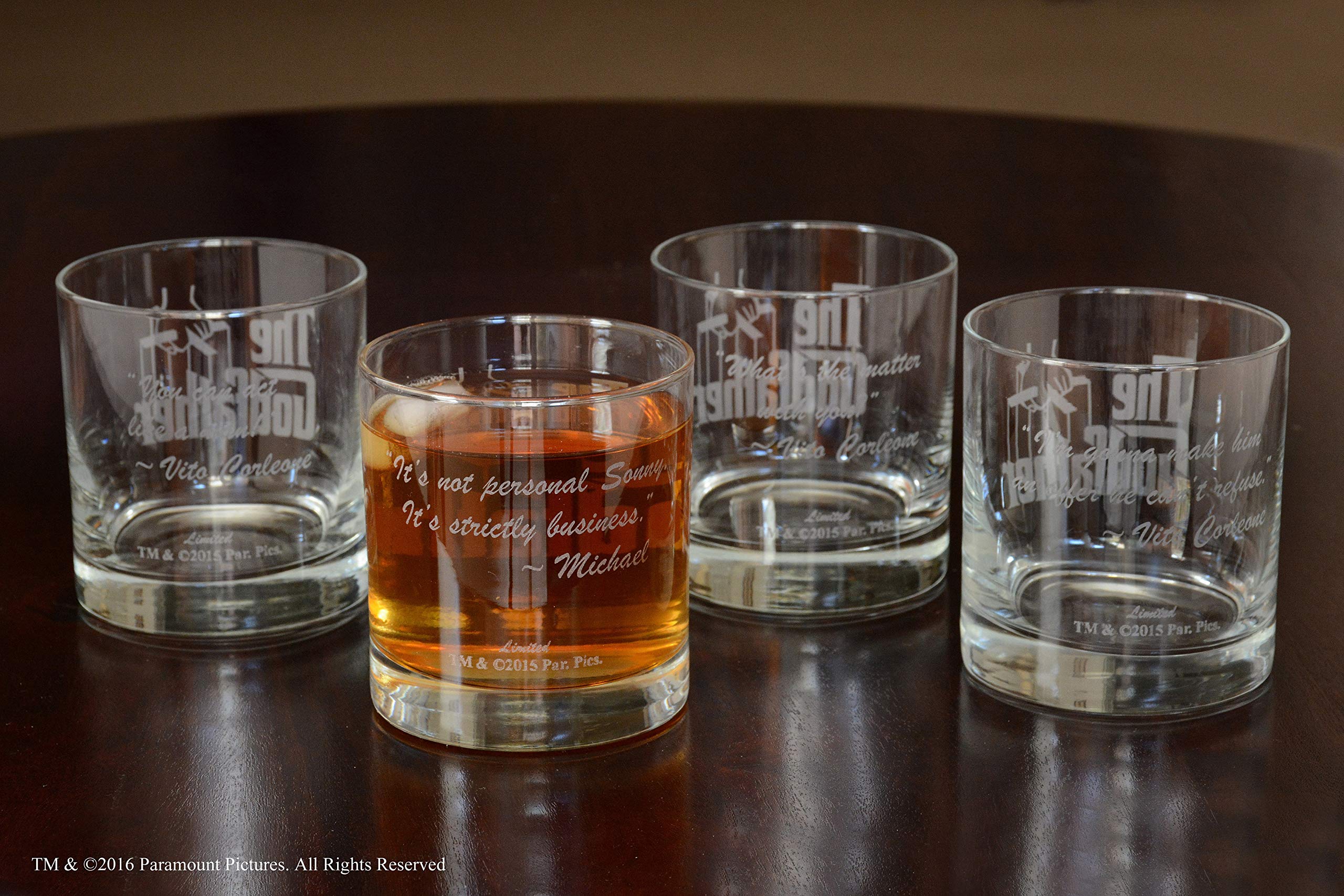 Official Godfather Etched Whiskey Glass Set with Logo & 4 Unique Quotes - 11oz Premium Handcrafted Rocks Glasses for Bourbon, Scotch & Cocktails - Perfect Gift for Movie Fans & Whiskey Lovers