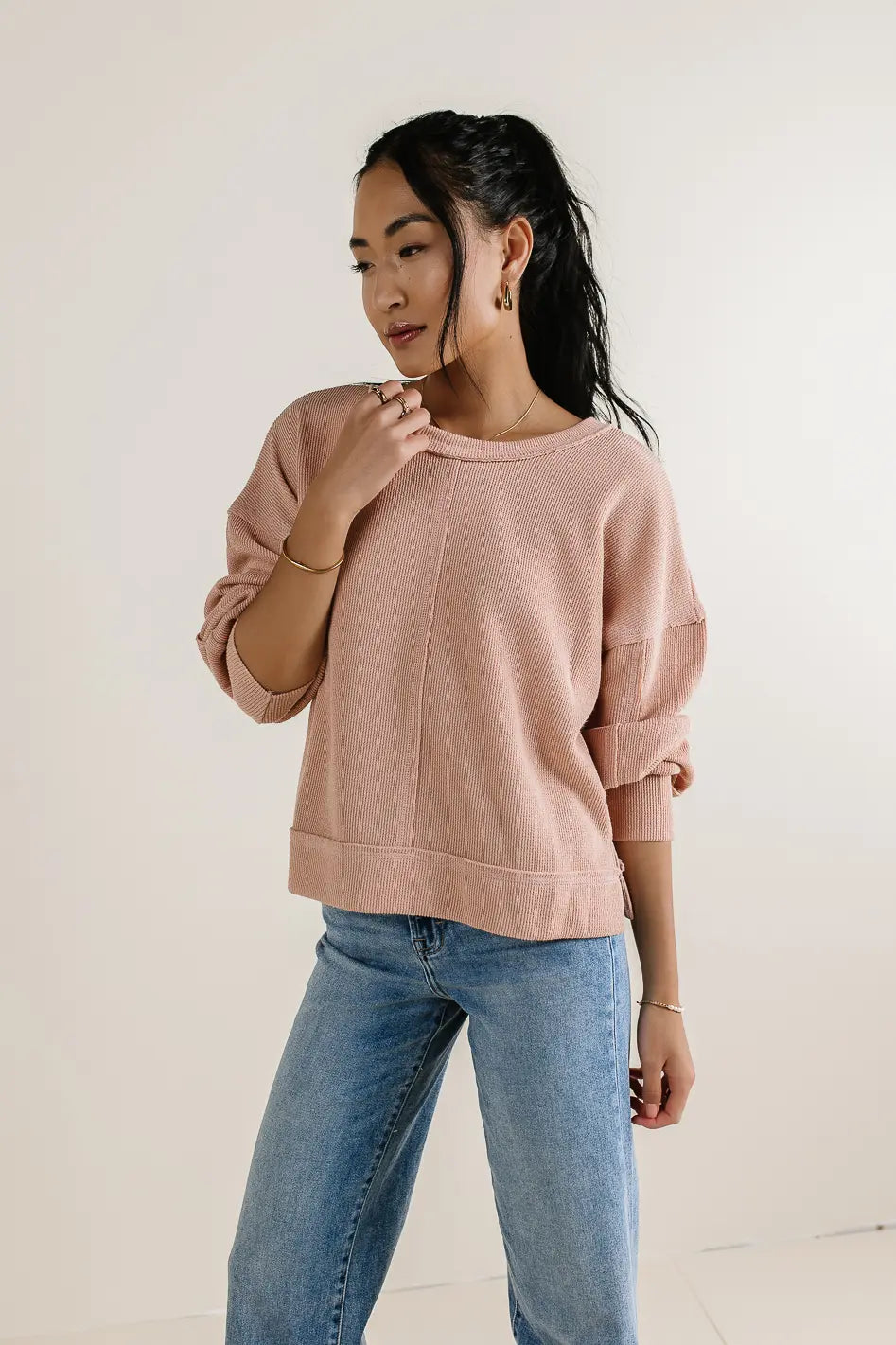 Mia Waffle Knit Top Women's Casual Long Sleeve Blush Pink Sweater | Soft Breathable Waffle Texture | Perfect for Fall Winter Layering & Coffee Dates