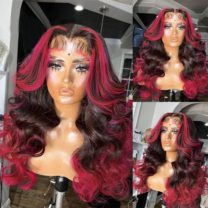 Eullair 13x4 Lace Front Wig - Colored Skunk Stripe Ombre Body Wave Human Hair (Perfect for Cosplay, Halloween & Daily Fashion)
