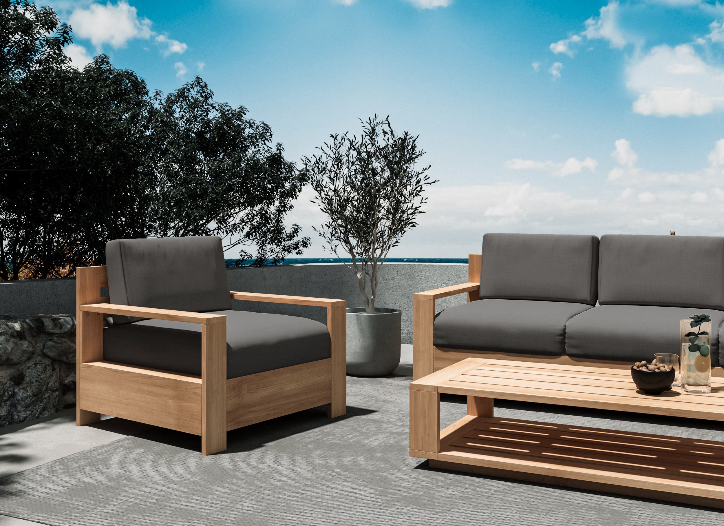 Premium Teak Outdoor Club Chair with Sunbrella Charcoal Cushion - Weather-Resistant Patio Furniture for Poolside, Garden & Backyard Relaxation