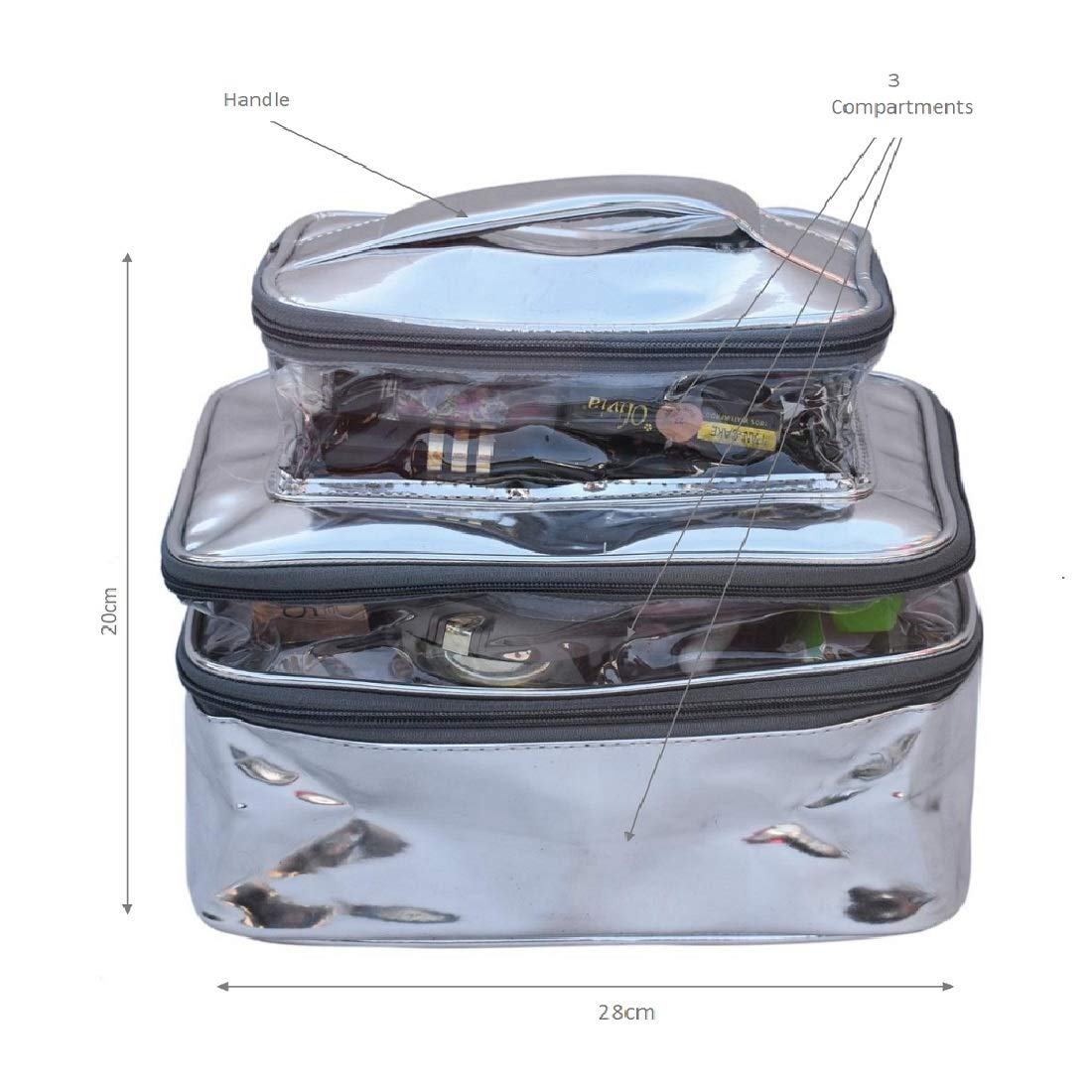 Silver Makeup Box Cosmetic Bag and Pouch (3-Fold) - Elegant Travel Organizer for Women | Perfect for Travel, Home Storage & Gift Giving