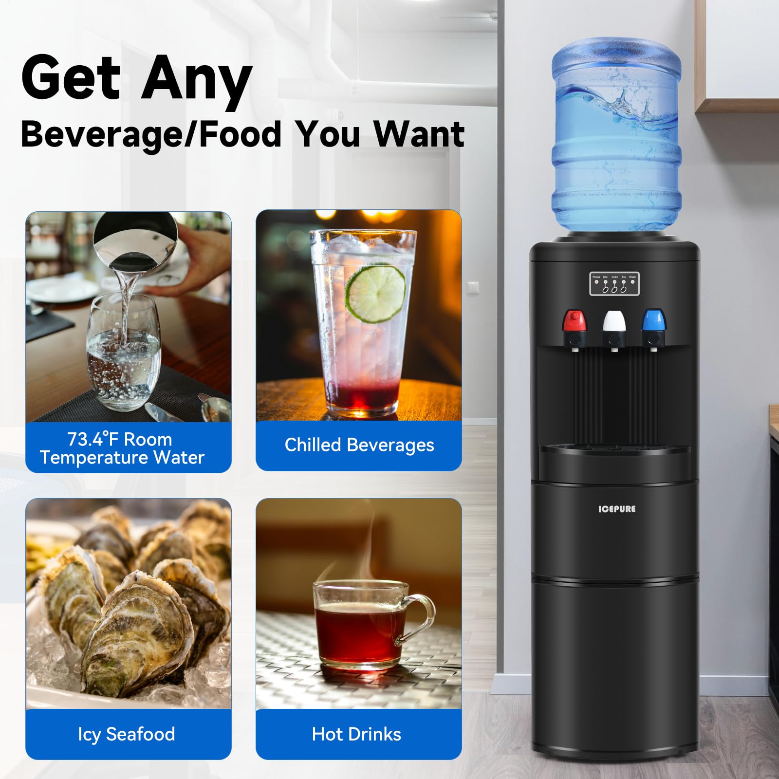 ICEPURE 3-in-1 Countertop Water Dispenser with Ice Maker - 26.5lbs/24H Bullet Ice Machine, Hot & Cold Water Cooler for 3-5 Gallon Bottles, Child Safety Lock, Black - Perfect for Home, Office, Kitchen, and Party Use