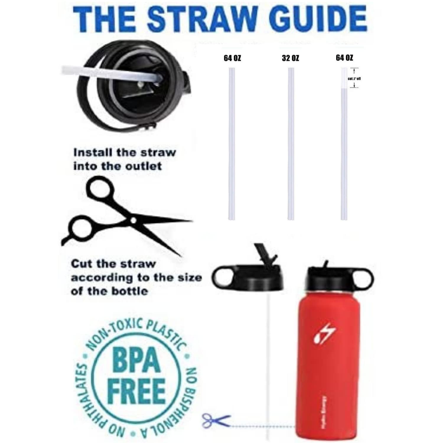 Hydro Flask Wide Mouth Water Bottle Straws - 6 Replacement Straws with 2 Brushes for Outdoor & Gym Use