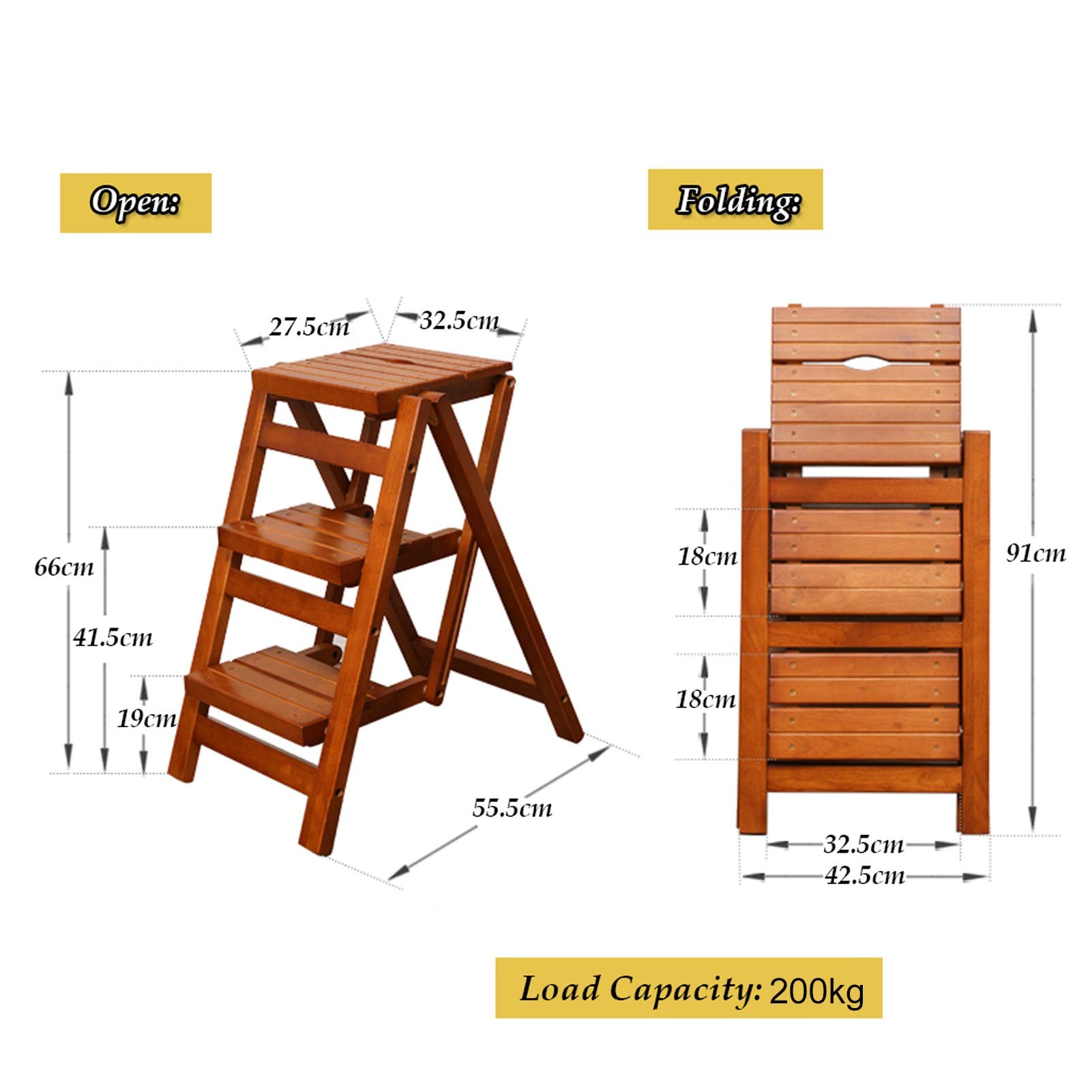 LEOSXA 3-Step Solid Wood Folding Step Stool - Heavy Duty Portable Ladder Stool for Home, Kitchen, Bathroom & Garage - Non-Slip Safety Stool for Adults & Kids - Multi-Purpose Climbing Stool for Storage & Cleaning