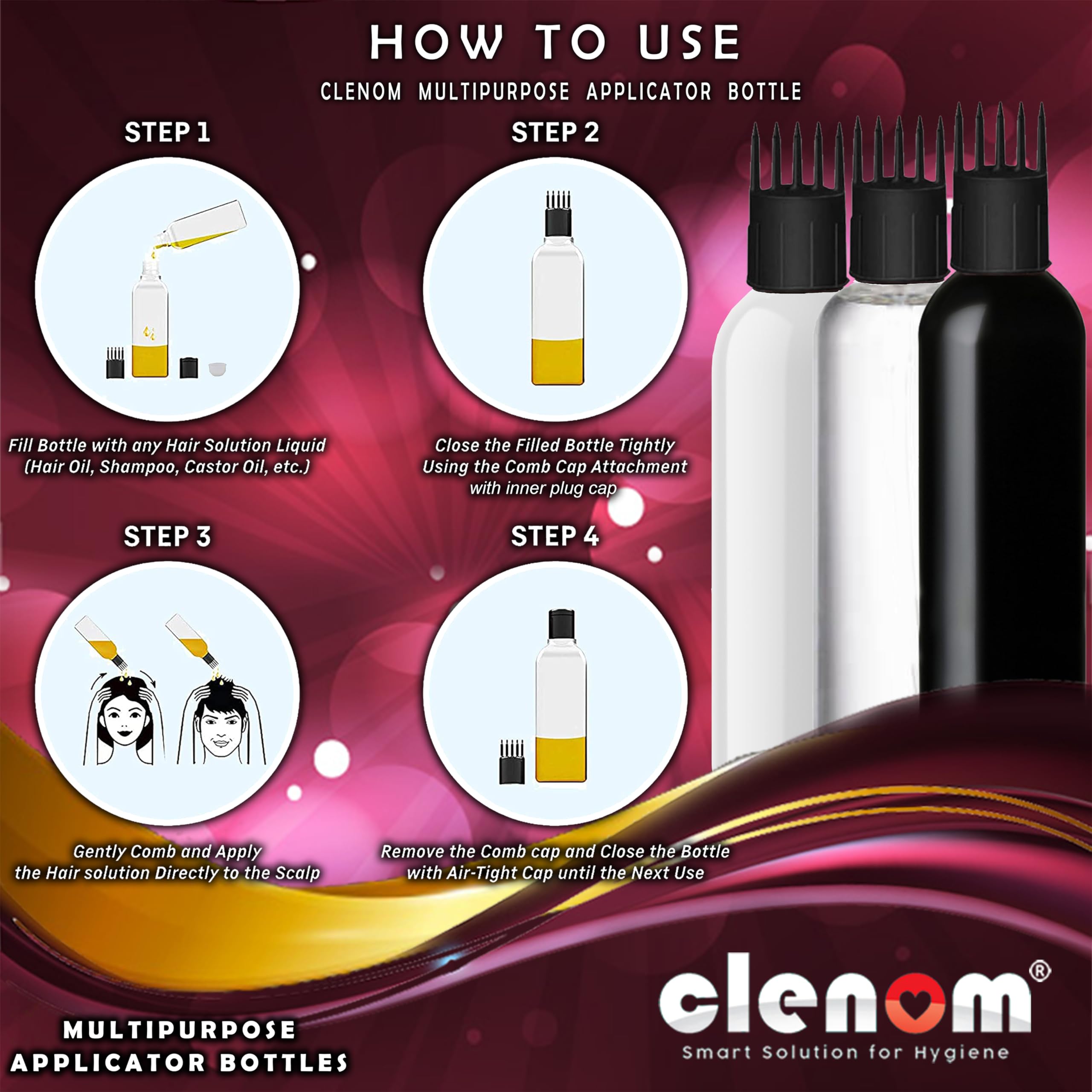 Clenom 100ml Multipurpose Hair Oil Applicator Bottle with Comb Cap - Transparent Scalp Treatment Bottle for Hair Oil, Shampoo & Medicine (Pack of 2) - Perfect for At-Home Hair Care & Salon Treatments