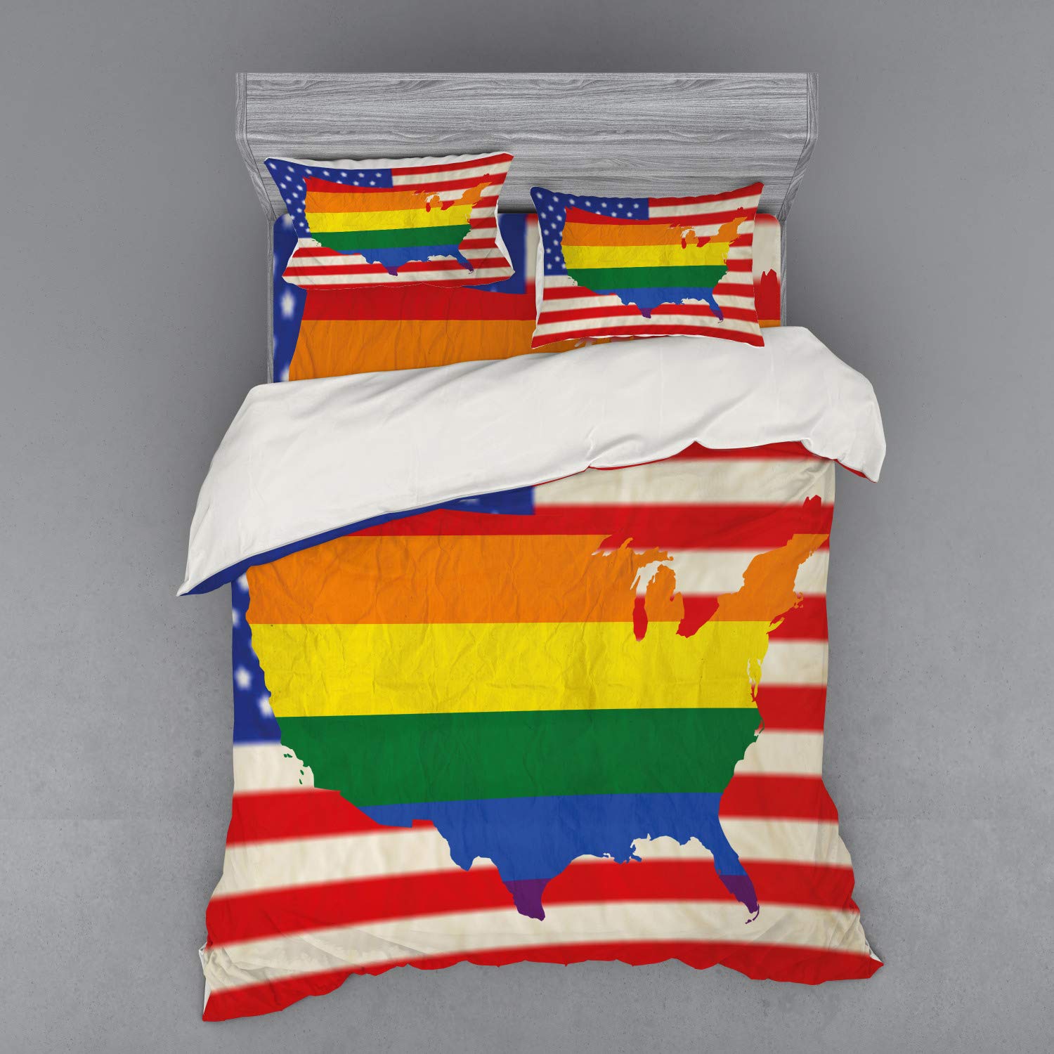 Ambesonne Pride Bedding Set - Queen Size 4-Piece Duvet Cover with Shams & Fitted Sheet - USA Flag & Rainbow LGBTQ+ Equality Design - Vibrant Multicolor Cotton Blend - Perfect for Pride Month, LGBTQ+ Weddings & Themed Bedroom Decor