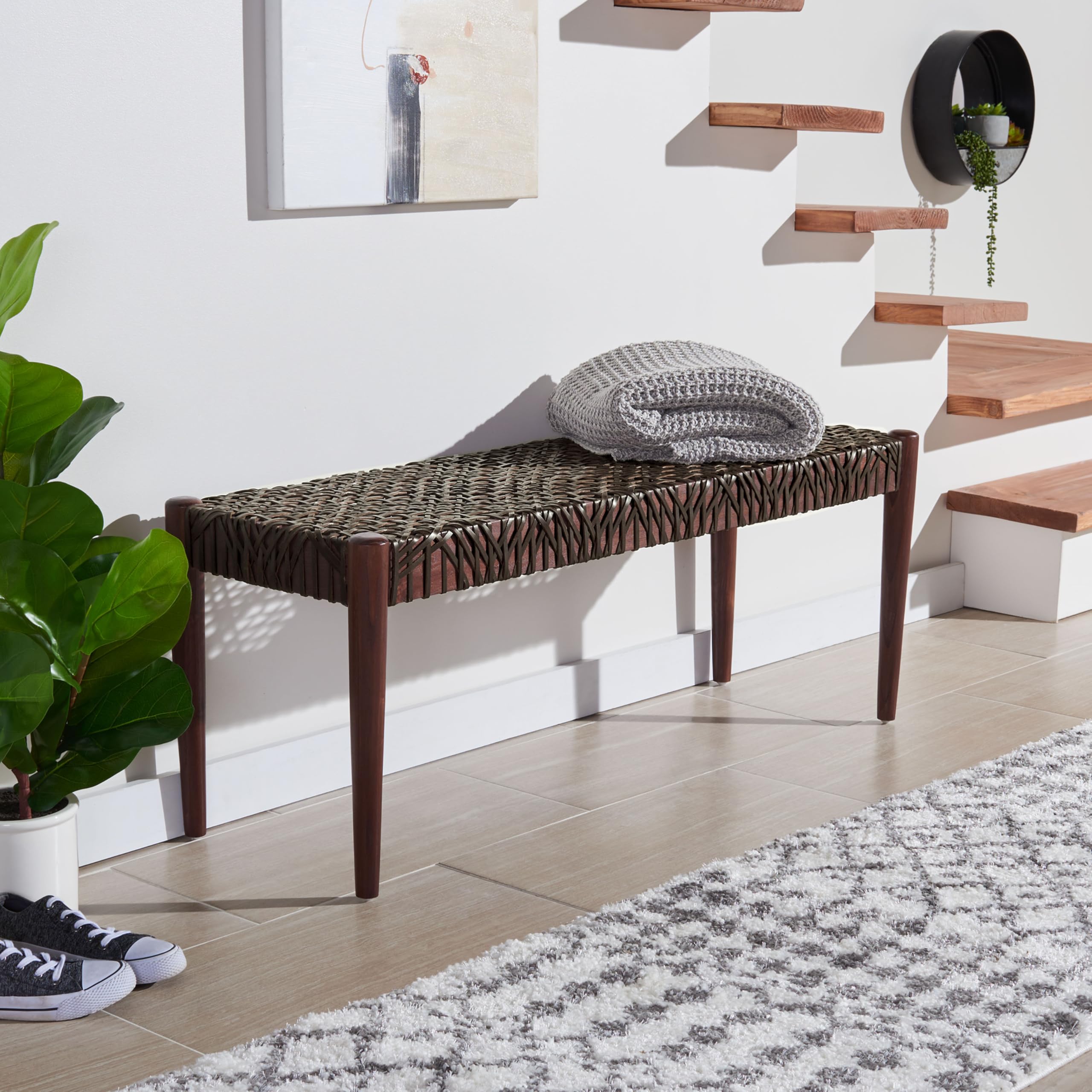 SAFAVIEH Bandelier Brown Teak Wood & Leather Weave Bench - Entryway, Foyer & Dining Room Seating - Rustic Home Decor for Hallway, Living Room & Bedroom