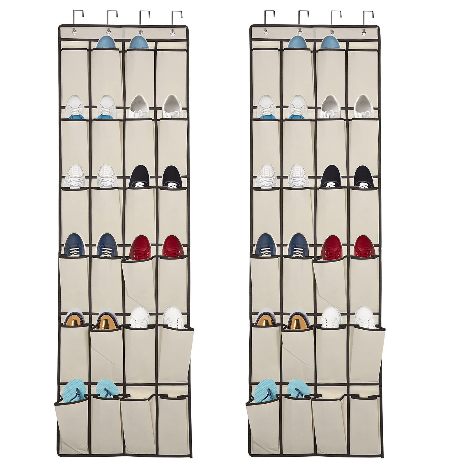 LAIGOO Over the Door Shoe Organizer - 2 Pack Hanging Shoe Storage with 24 Large Fabric Pockets & 4 Hooks - Space Saving Closet Organizer for Shoes, Accessories, Toys (60 x 20 inches, Beige) - Perfect for Bedroom, Bathroom, Pantry & Entryway Organization