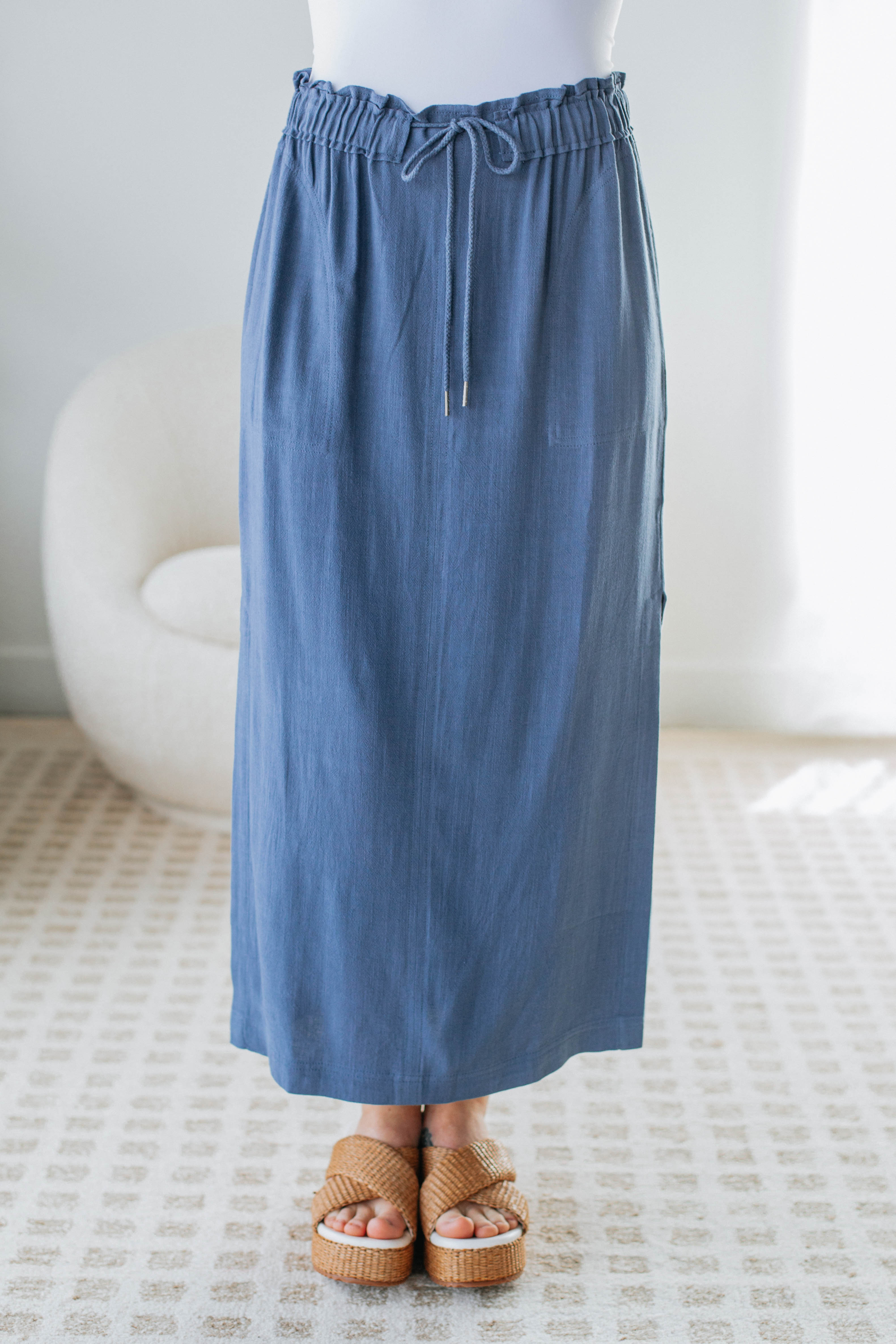 Emeline Midi Skirt for Women - Steel Blue Flowy A-Line Skirt with Pockets | Perfect for Office, Date Night & Summer Outfits
