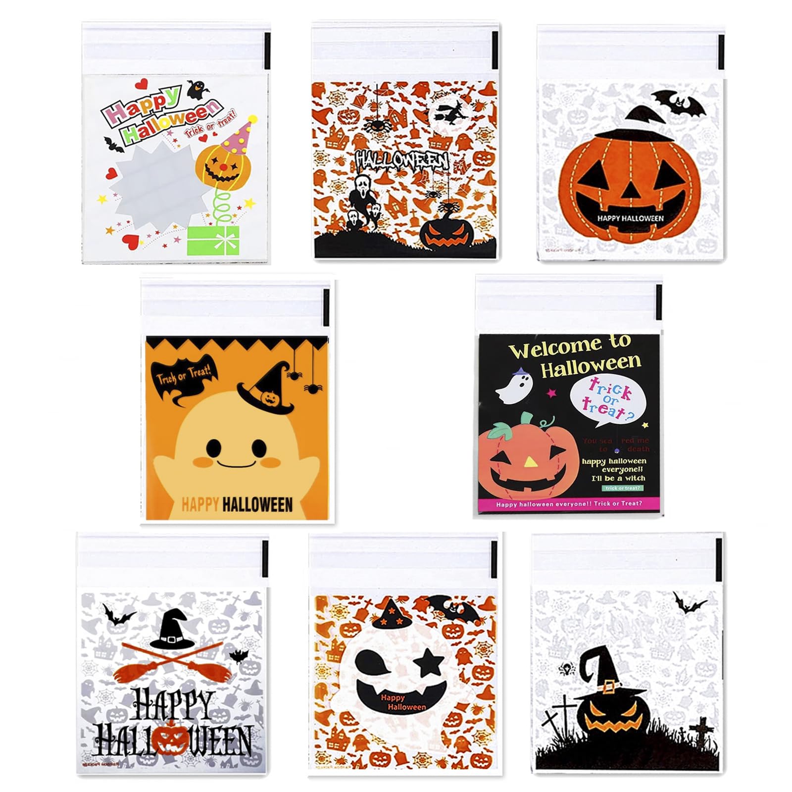 400 Pcs Halloween Candy Bags - Self Adhesive Trick or Treat Cookie Bags for Party Favors, Halloween Party Supplies, 12 oz Cellophane Goodie Bags (8 Styles) - Perfect for Halloween Parties, School Events & Trick-or-Treating
